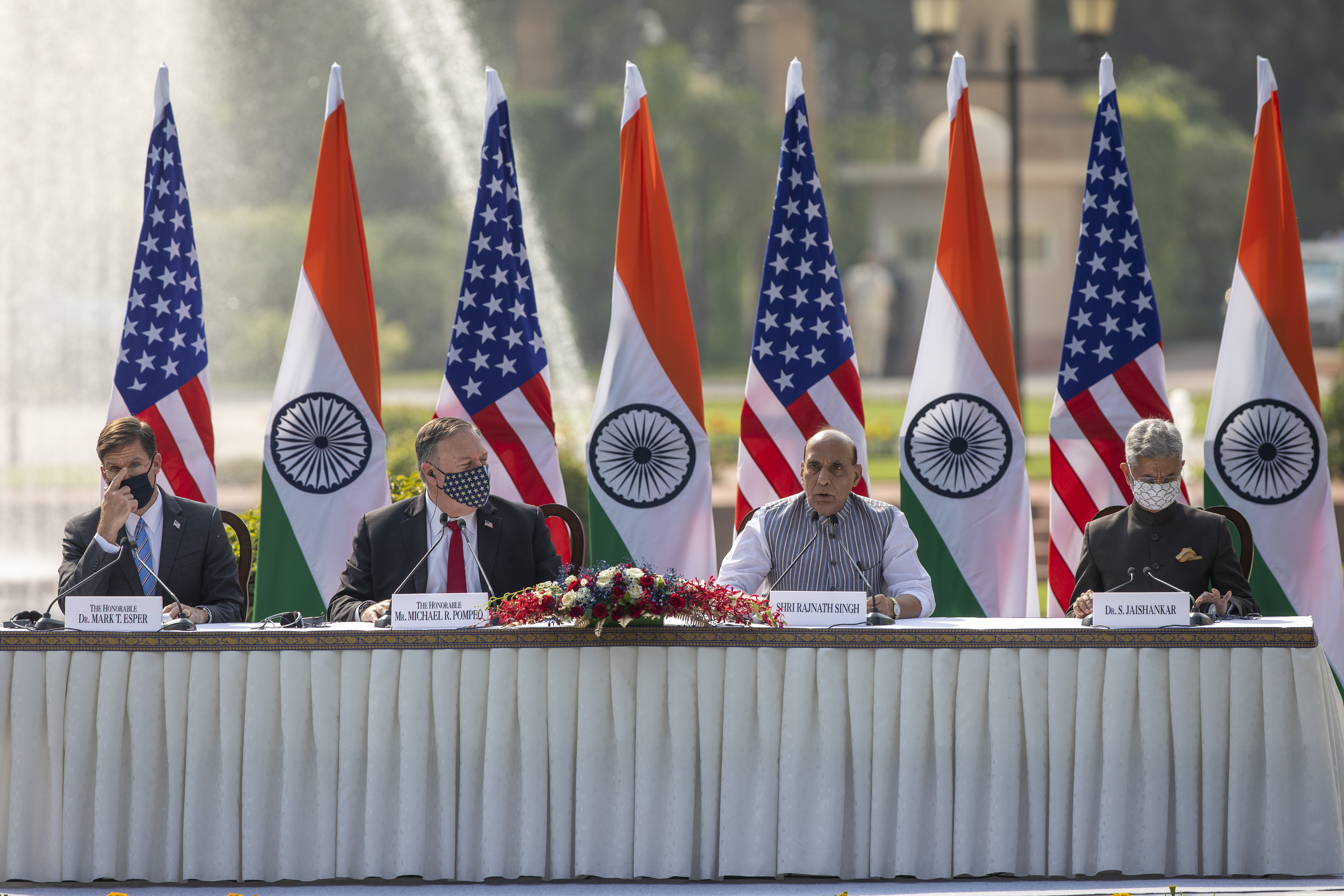 From left, US Secretary of Defence Mark Esper, US Secretary of State Mike Pompeo, Indian Defence Minister Rajnath Singh and Foreign Minister Subrahmanyam Jaishankar address a joint press conference at Hyderabad House in New Delhi
