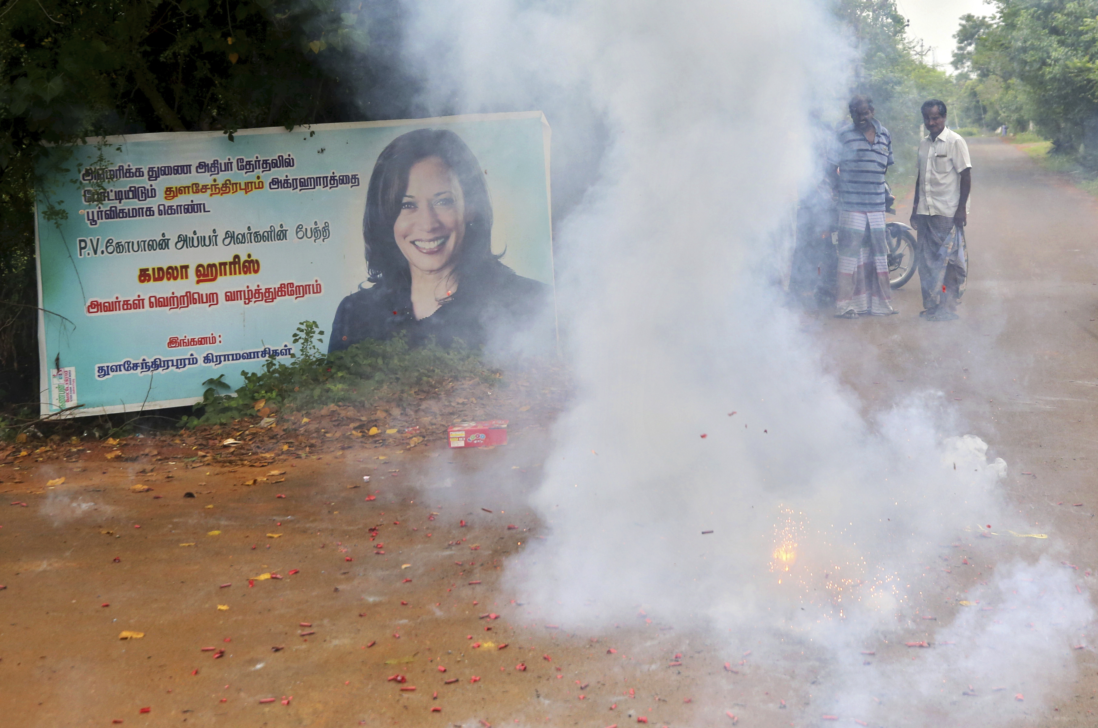 Harris’ victory sparked celebrations in her grandfather’s hometown in Tamil Nadu