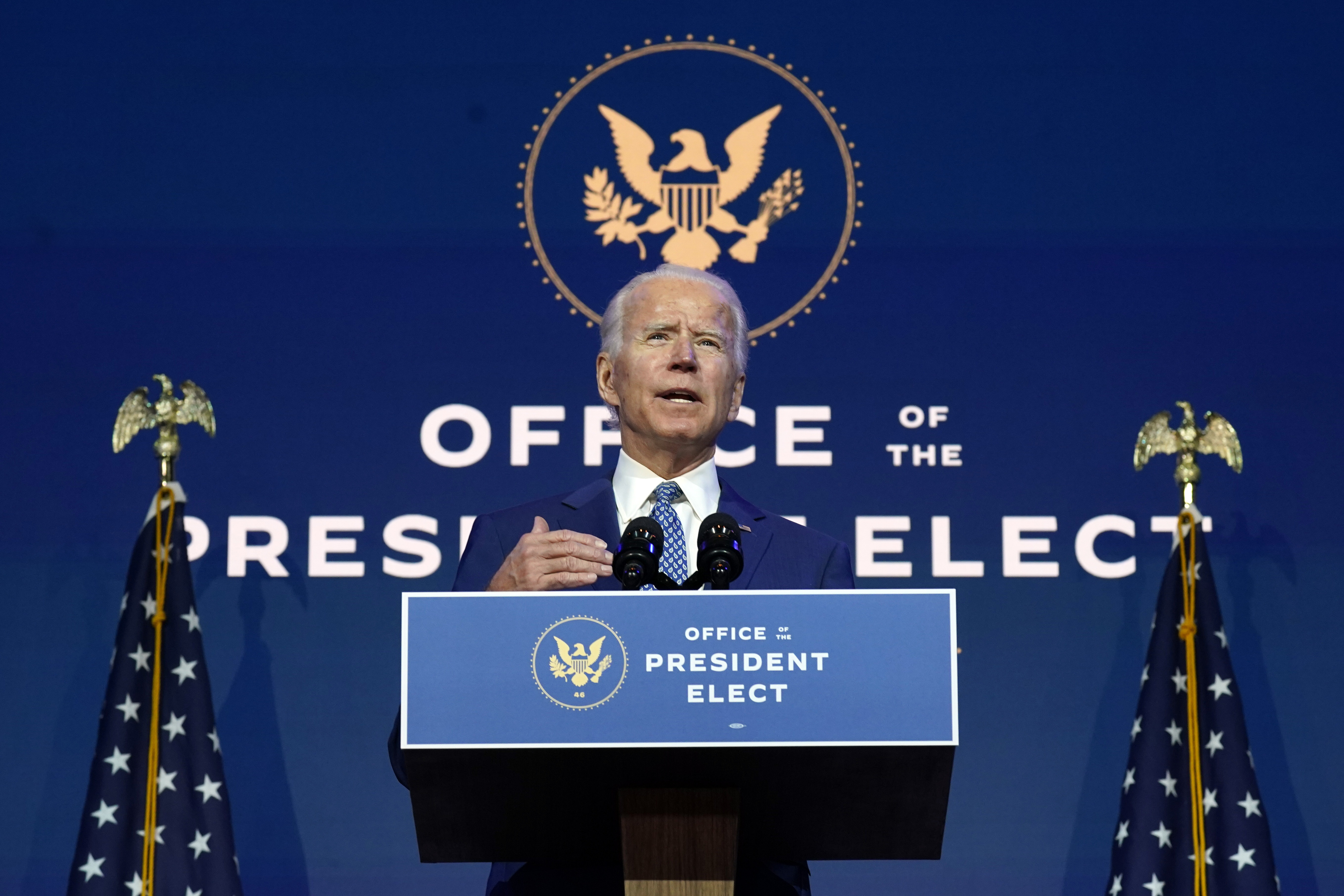 President-elect Joe Biden spoke about the coronavirus on Monday from the Queen theater in Wilmington, Delaware