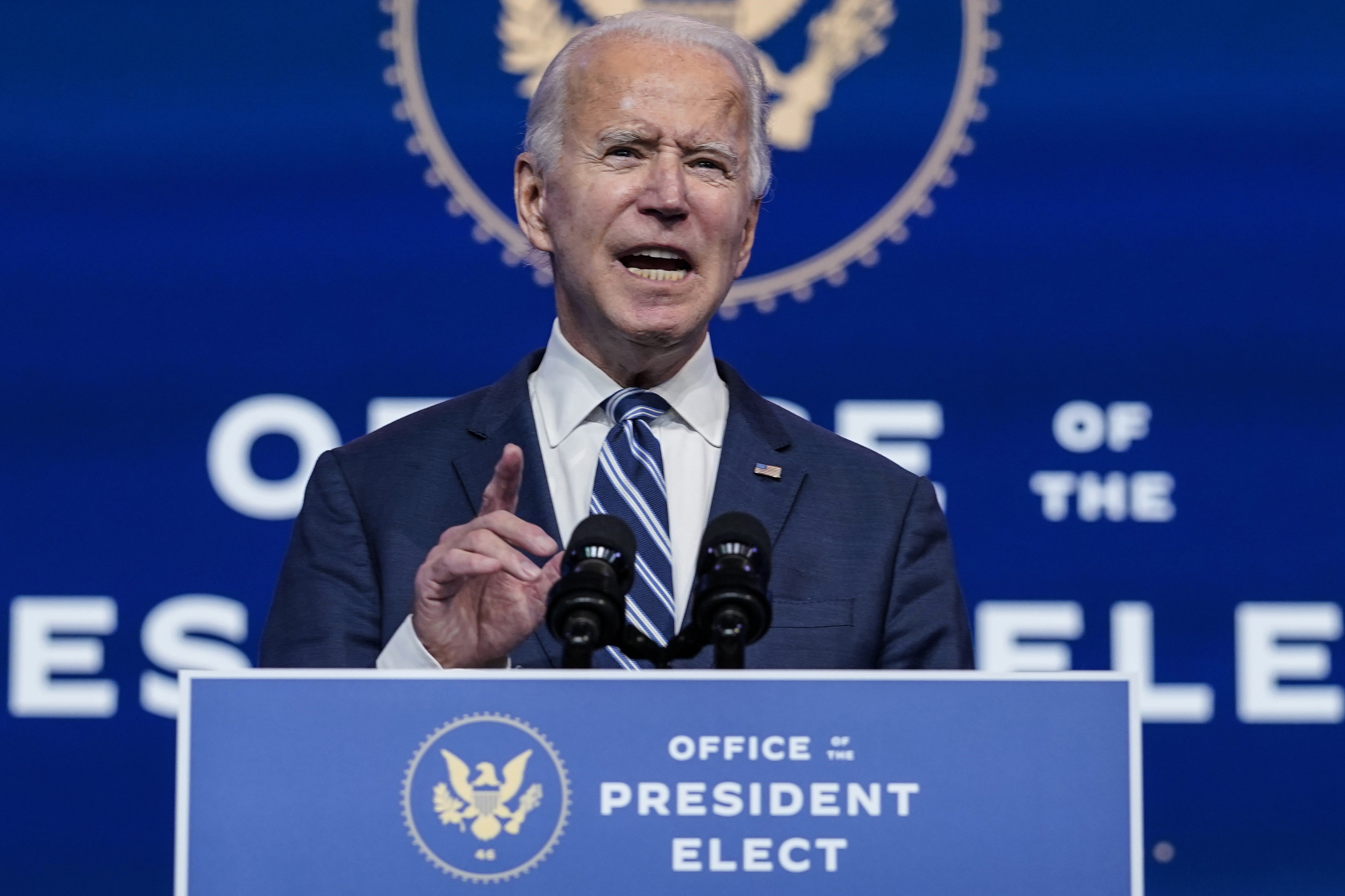 President-elect Joe Biden speaks at The Queen theatre, Tuesday, November 10, 2020, in Wilmington, Delaware, US