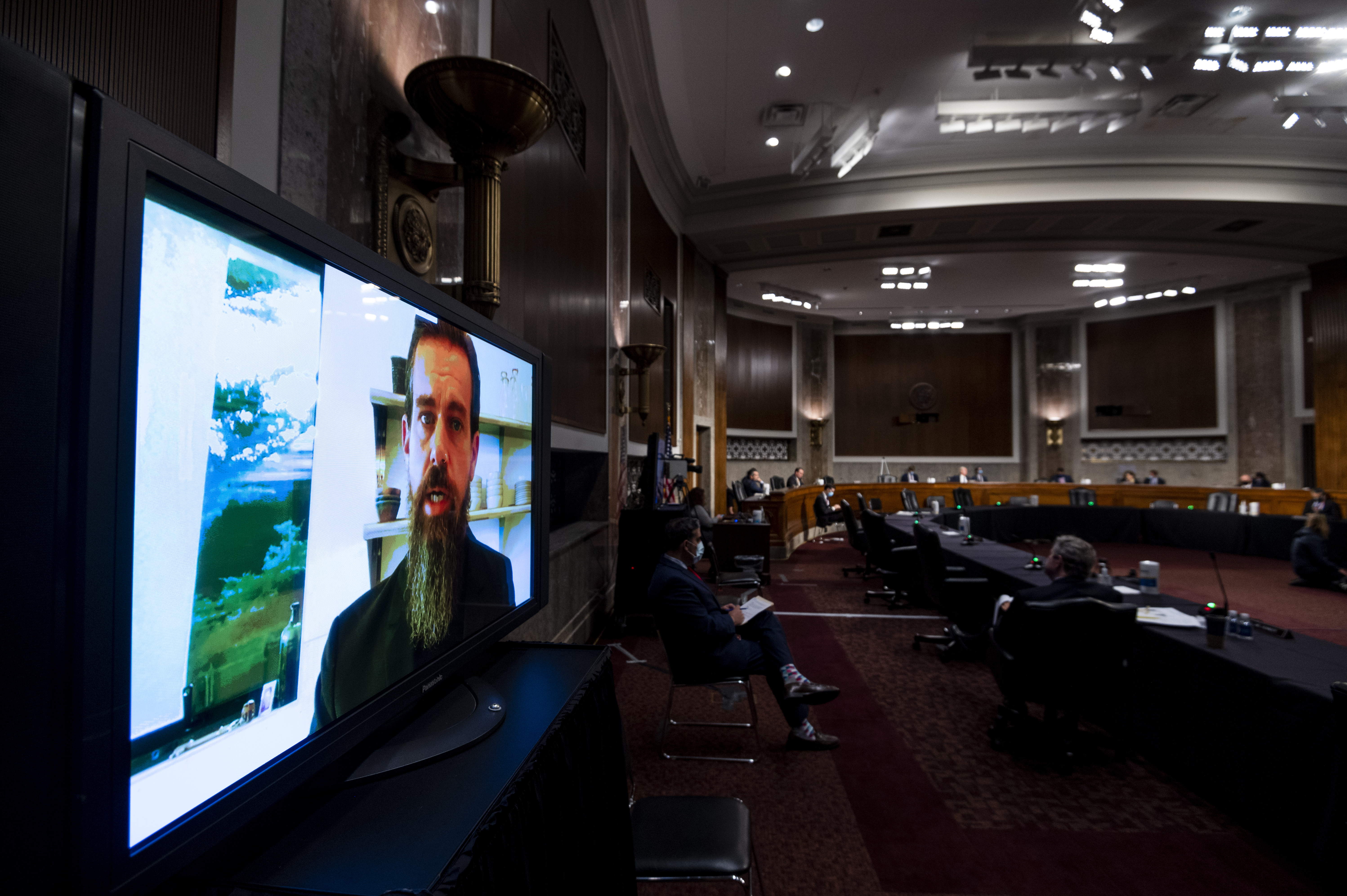 Twitter CEO Jack Dorsey testifies remotely during a Senate Judiciary Committee hearing