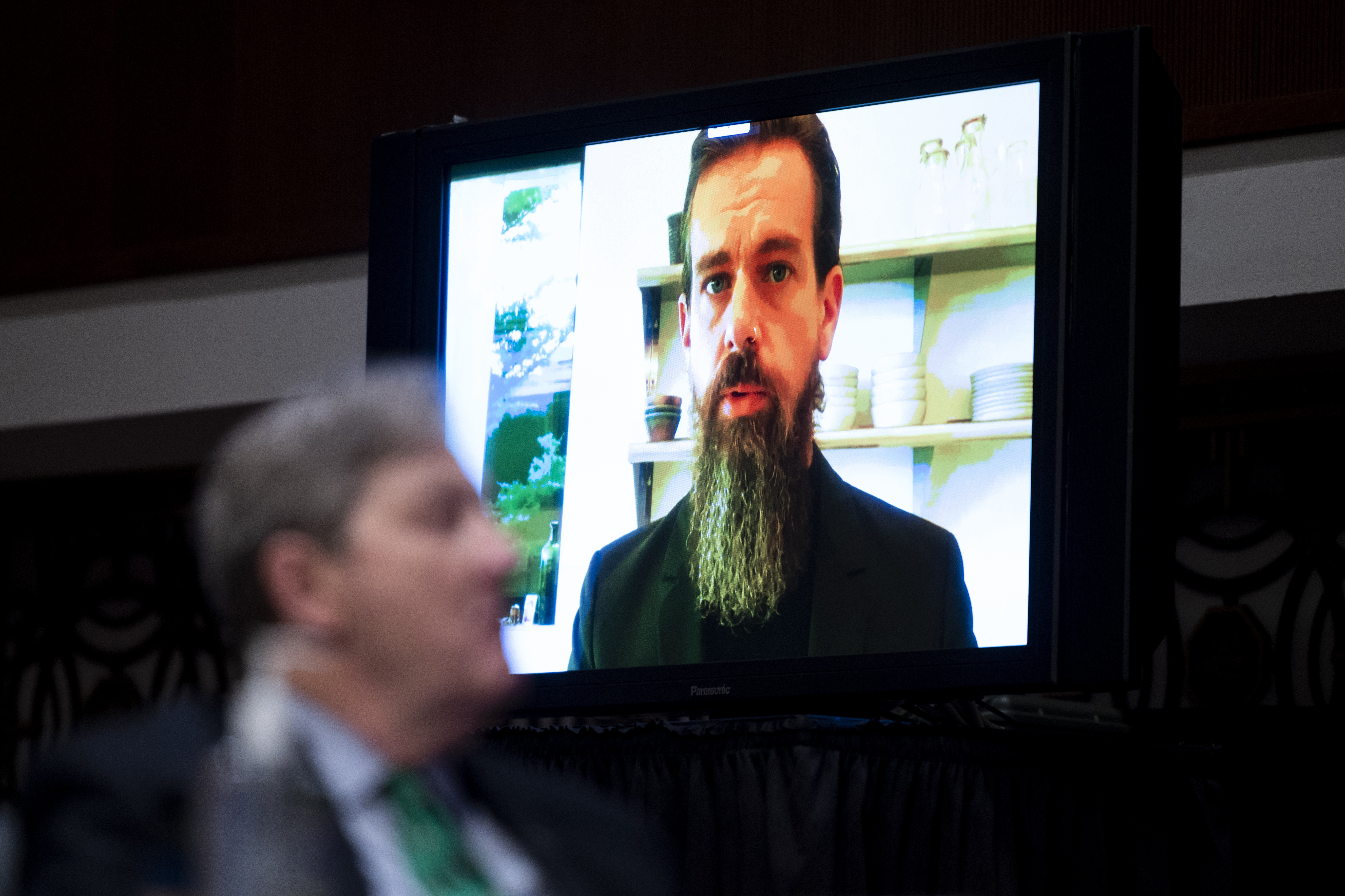 Twitter CEO Jack Dorsey testifies remotely during a Senate Judiciary Committee hearing on Facebook and Twitter’s actions around the closely contested election