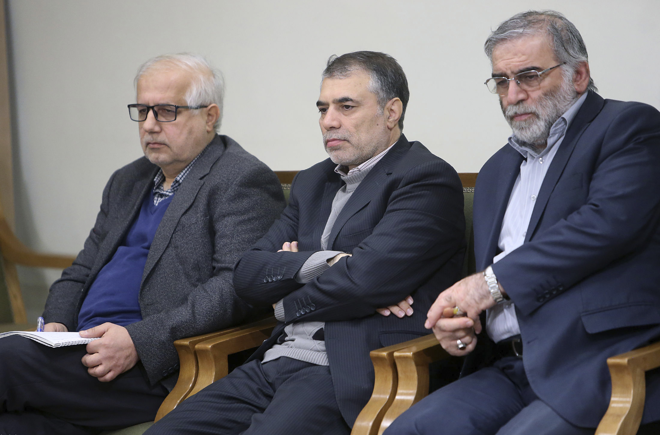 Mohsen Fakhrizadeh, right, sits in a meeting with Supreme Leader Ayatollah Ali Khamenei in Tehran, Iran, in January 2019 [Office of the Iranian Supreme Leader via AP]