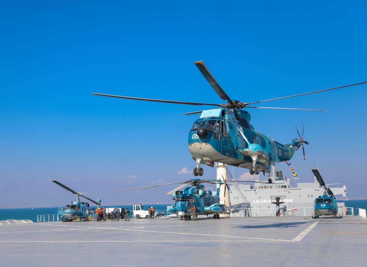 The indigenously-made forward base ship IRIS Makran, which is said to be able to carry up to five helicopters, joined the fleet with another ship that is capable of firing missiles [Handout via Iranian military]