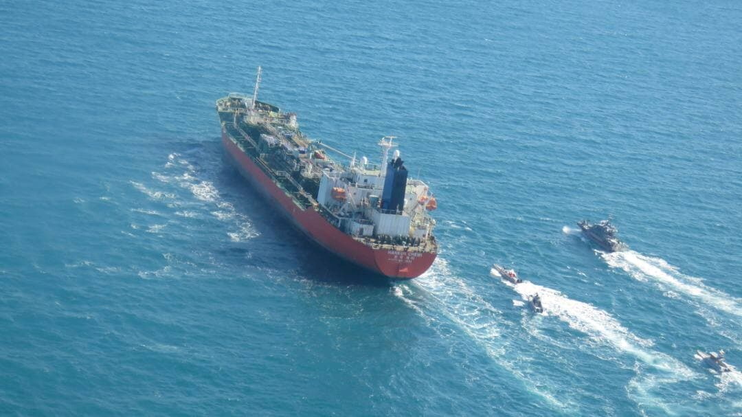 The South Korean-flagged tanker seized by Iran is seen in the Gulf