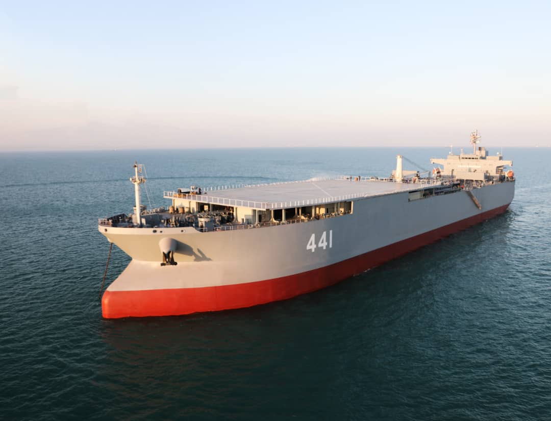 The 228-meter long IRIS Makran, which used to be an oil tanker, has been repurposed to provide logistical support and carry out search and rescue missions [Handout via Iranian military]