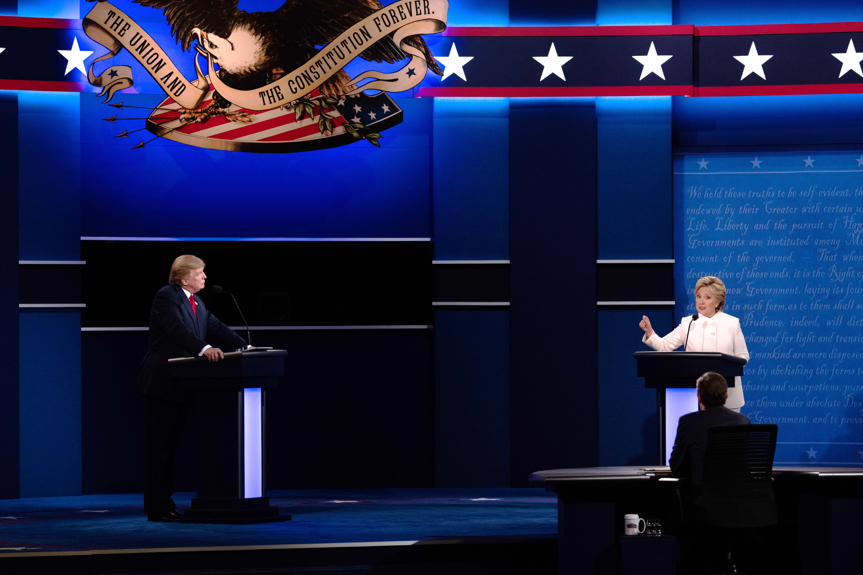 Then presidential candidates Hillary Clinton and Donald Trump face off at the third and final debate of the 2016 election in Las Vegas, Nevada on October 19, 2016
