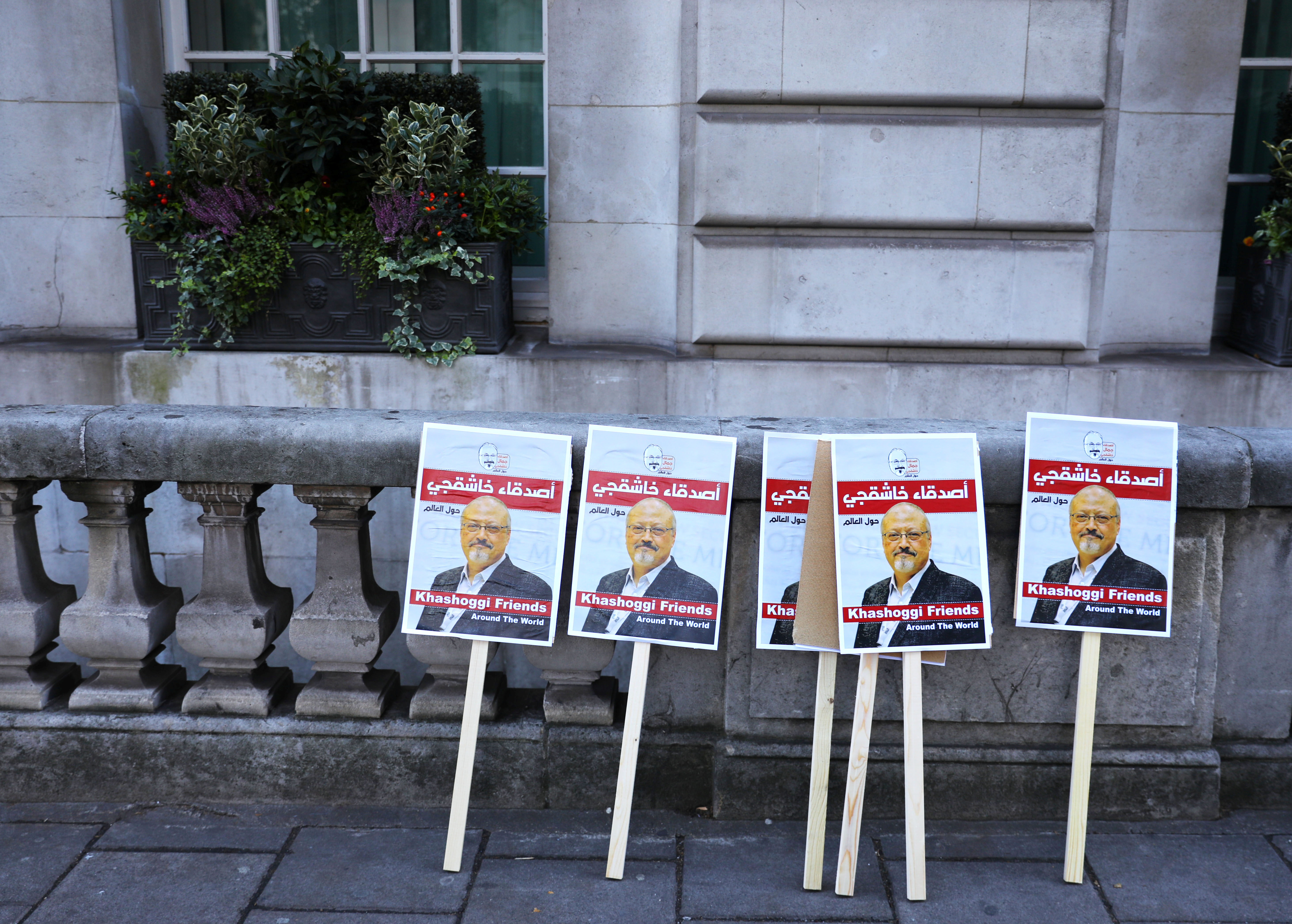 Placards can be seen outside Saudi Arabia’s embassy in London as people protest against the killing of journalist Jamal Khashoggi in Turkey in 2018