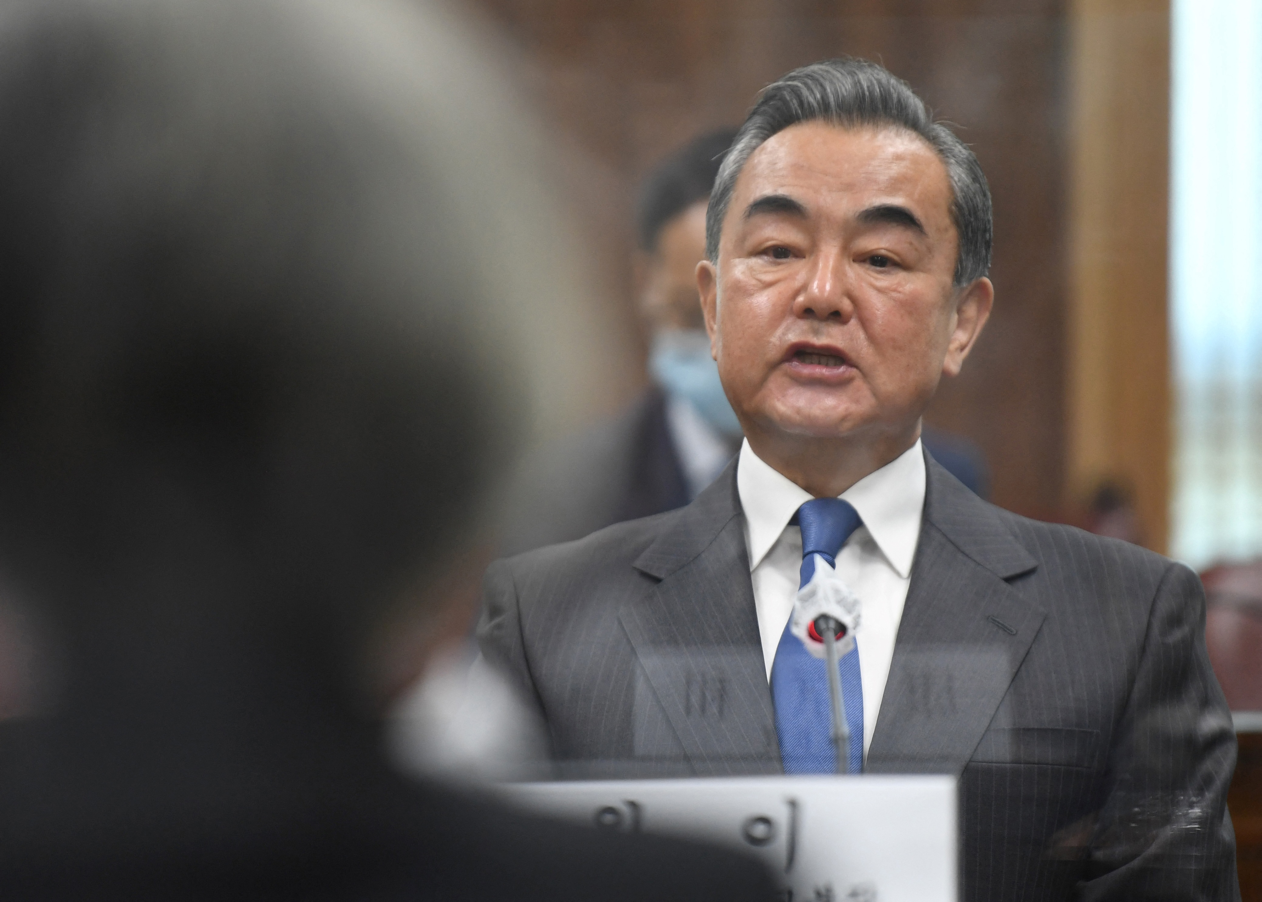 Chinese foreign minister Wang Yi talks with South Korean foreign minister Kang Kyung-wha during their meeting at the foreign ministry in Seoul, South Korea in November 2020