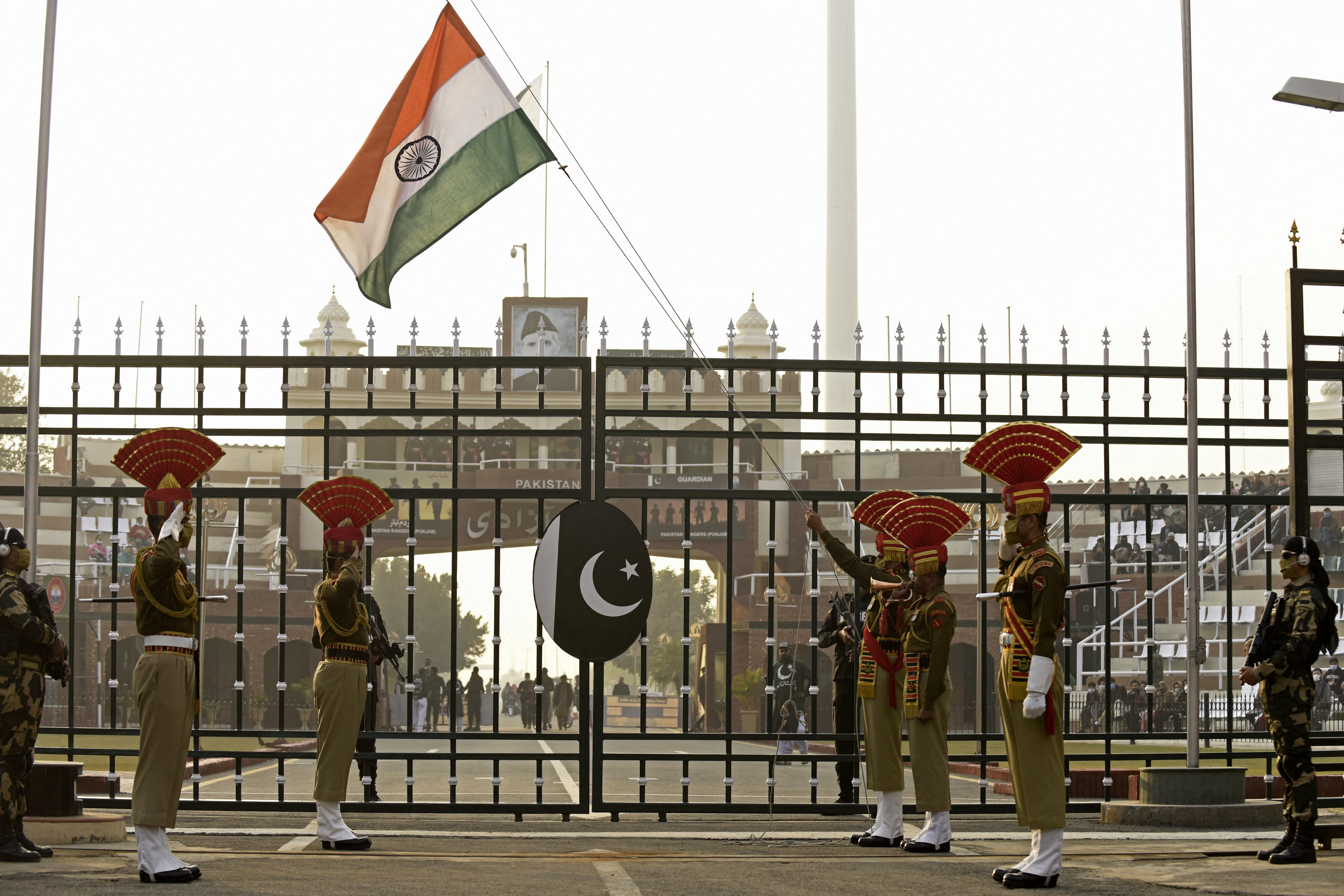 Indian Border Security Force (BSF) soldiers perform during the Beating the Retreat ceremony at the India-Pakistan Wagah border post