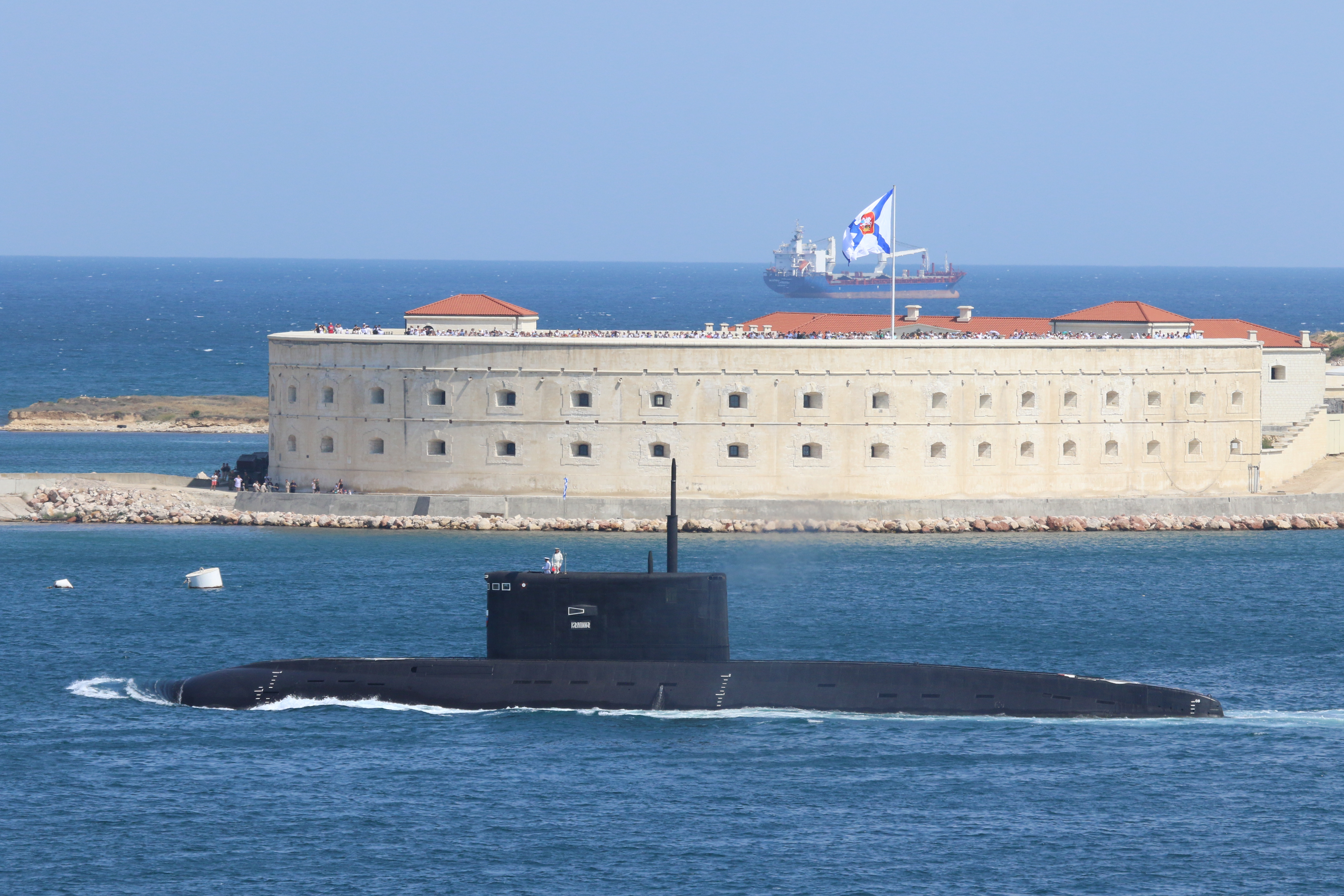 The Russian Navy’s improved kilo-class submarine, Kolpino, sails during the Navy Day parade in the Black Sea port of Sevastopol, Crimea on July 26, 2020