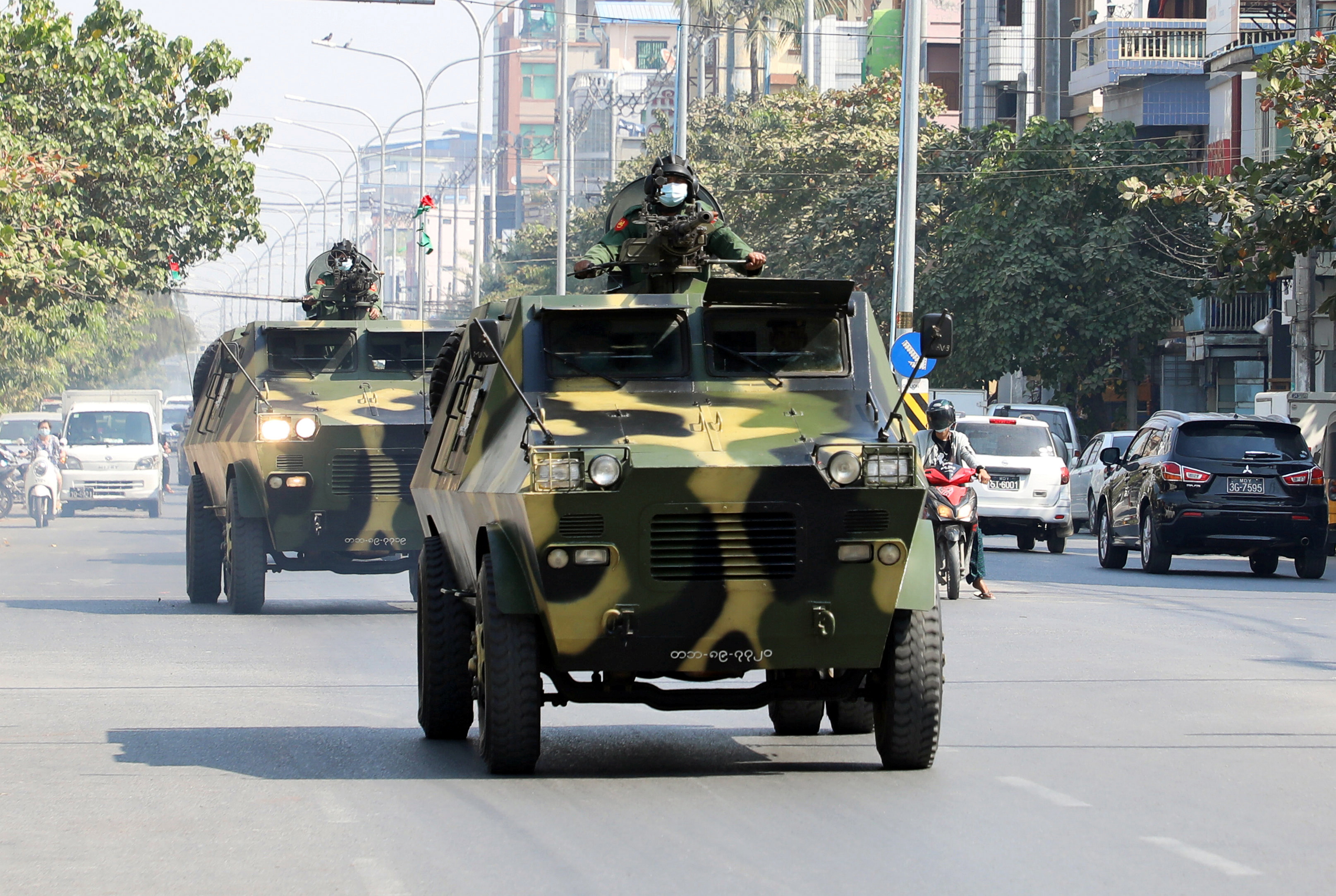 Myanmar Army armoured vehicles on the streets of Mandalay after the military seized power on Monday. UN chief Antonio Guterres says the UN will do all it can to ensure the coup fails