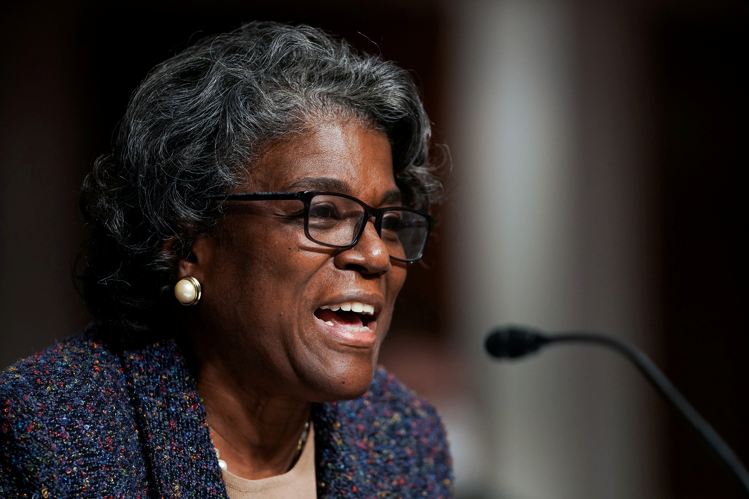 Linda Thomas-Greenfield speaks into a microphone