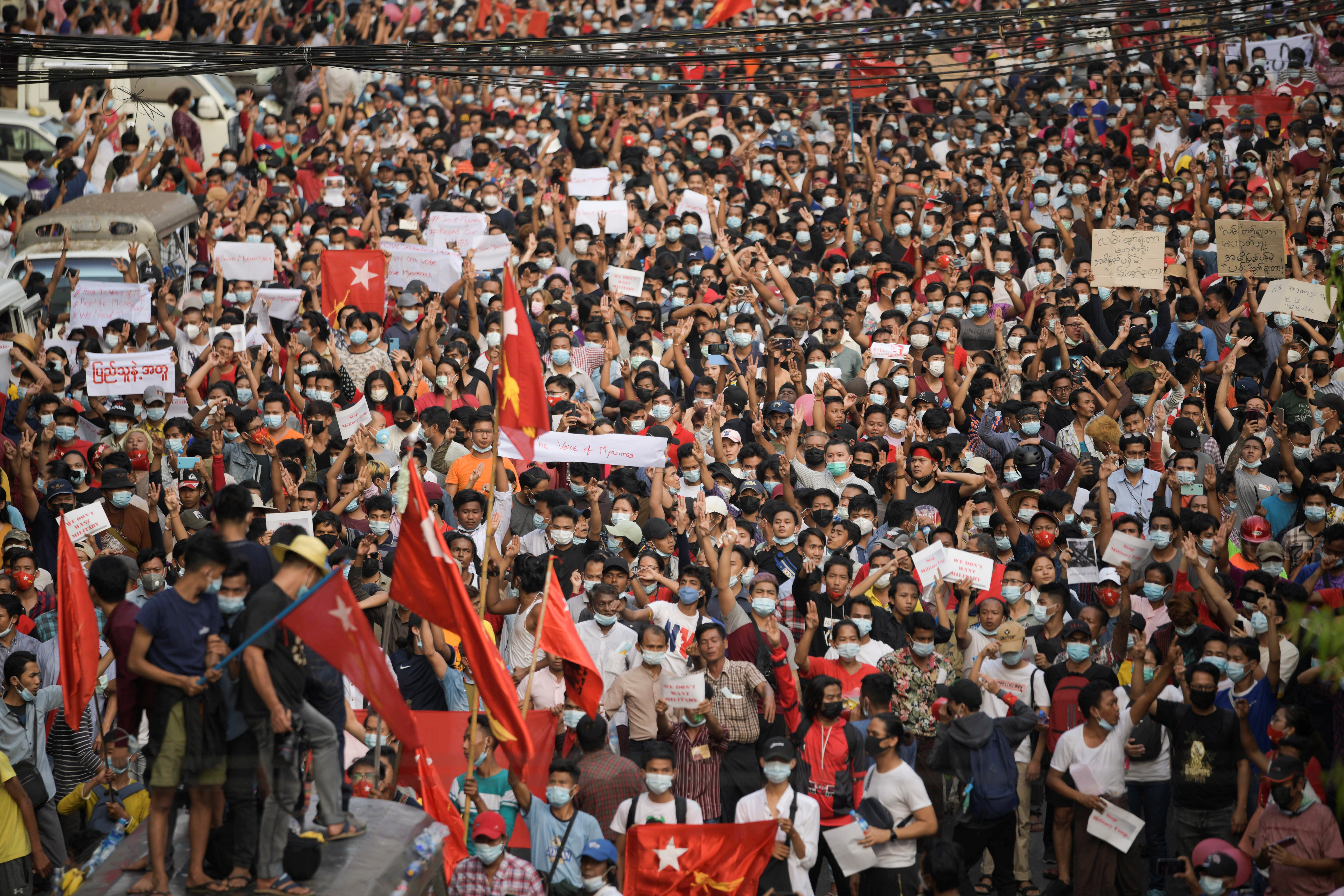 Demonstrators protest against the military coup and demand the release of Aung San Suu Kyi, in Yangon, February 6, 2021