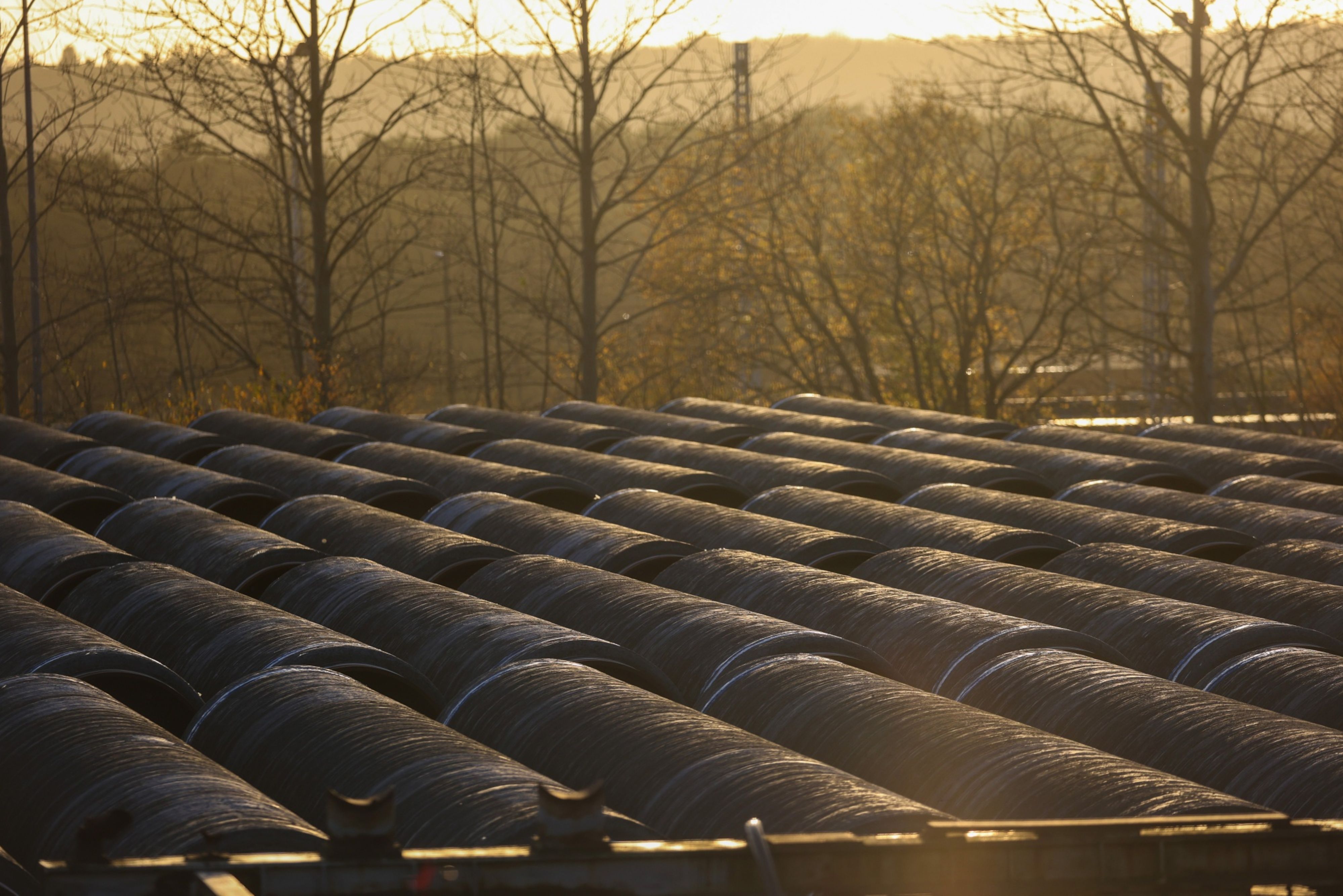 Sections of Nord Stream 2 pipes at the Baltic port of Mukran on the island of Ruegen in Sassnitz, Germany