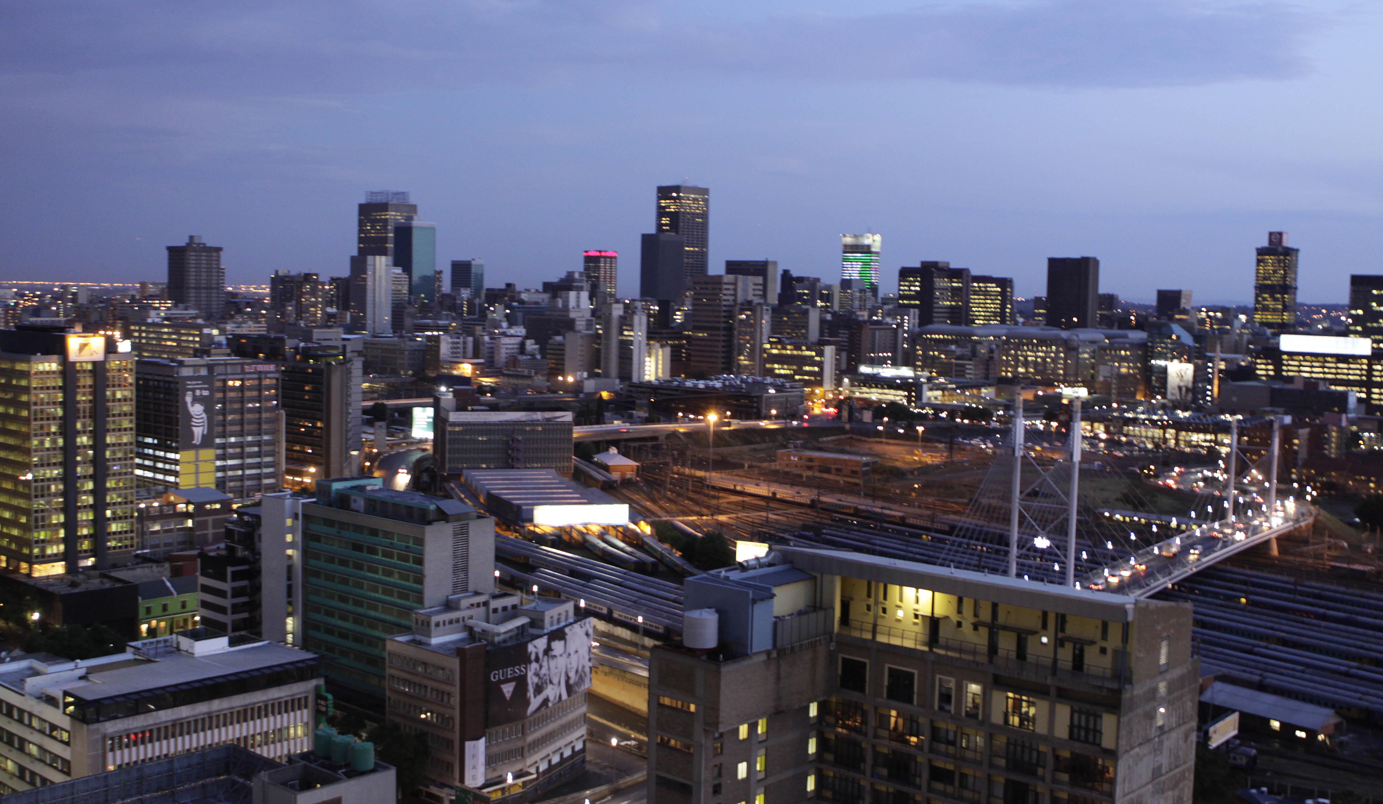 A night view of Braamfontein in downtown Johannesburg, South Africa’s largest city