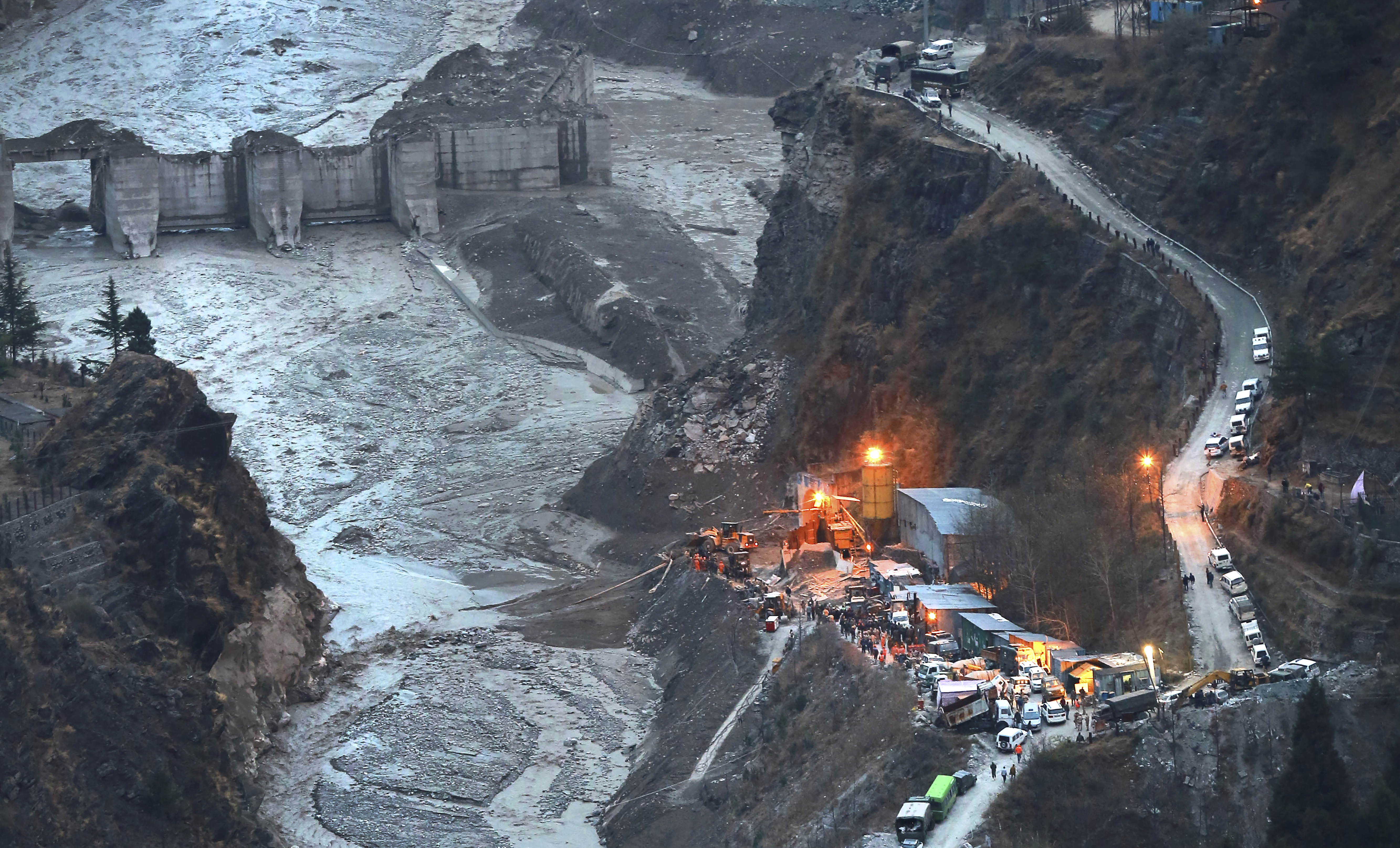 A aerial view of Tapovan barrage on Tuesday, February 9, 2021, two days after a portion of the Nanda Devi glacier snapped off, in India's northern state of Uttarakhand [AP Photo]