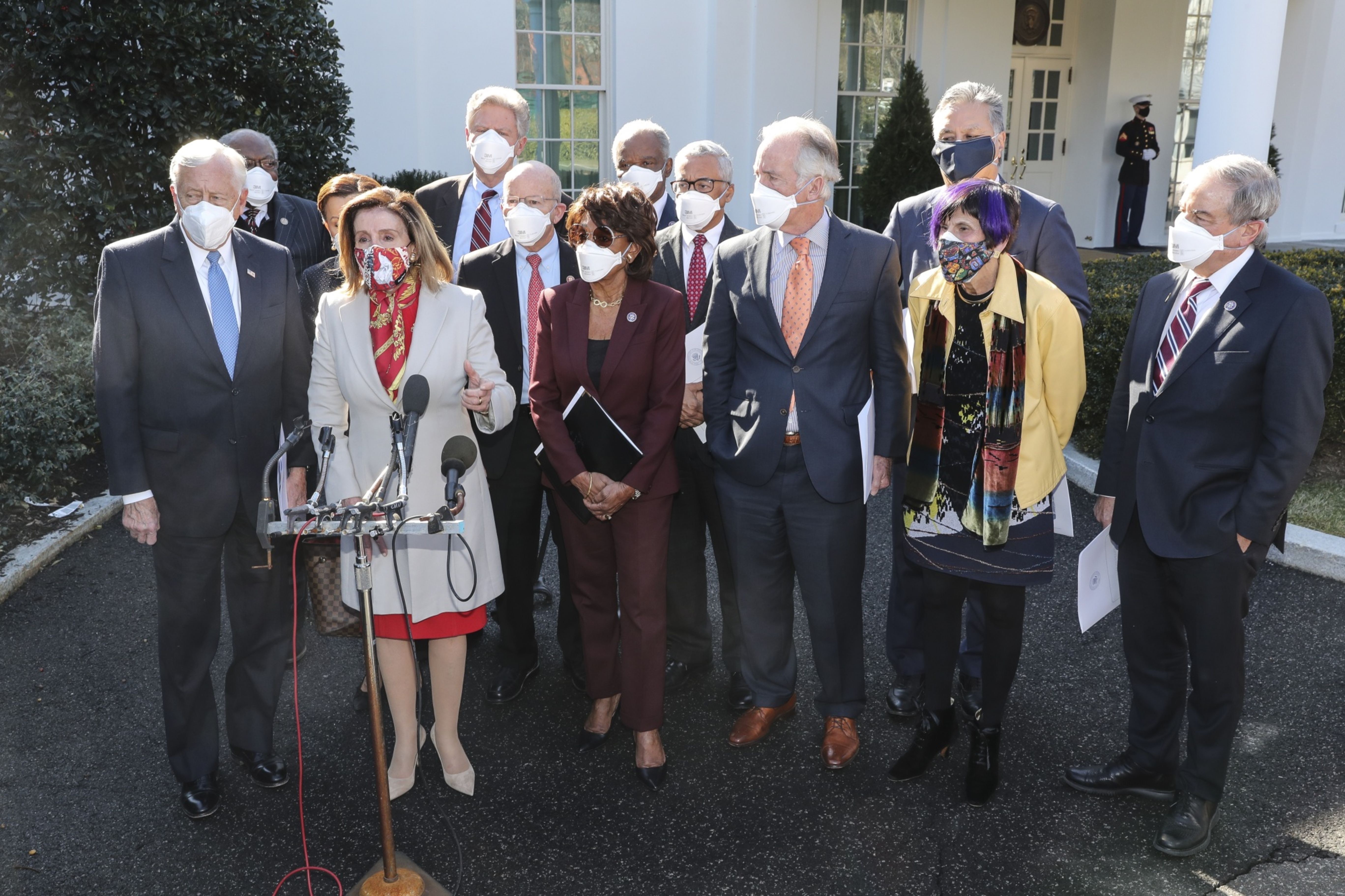 US House Speaker Nancy Pelosi, a Democrat from California, speaks during a news conference following a meeting with US President Joe Biden at the White House in Washington, DC, United States [Oliver Contreras/Sipa USA/Bloomberg