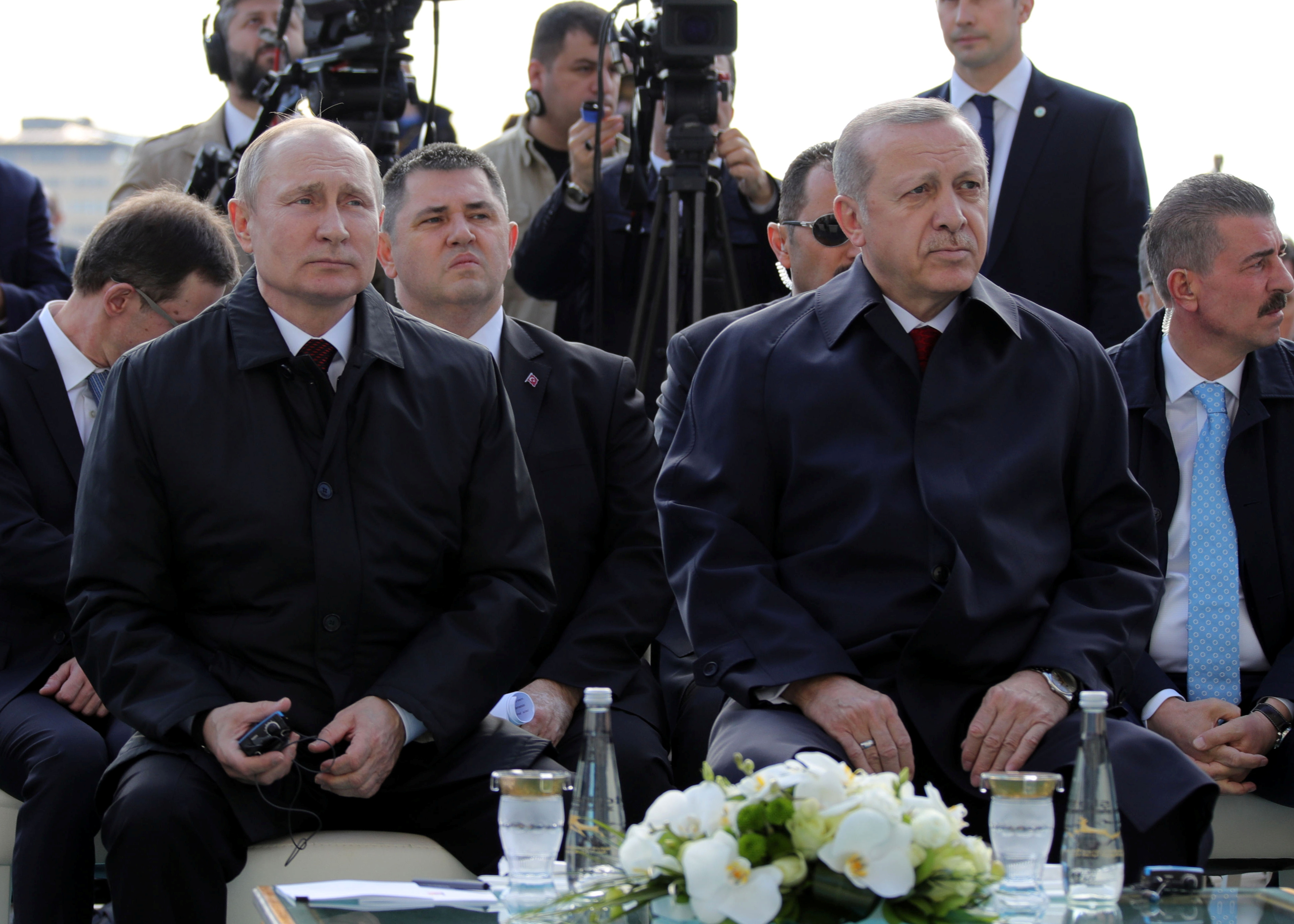 Russian President Vladimir Putin and his Turkish counterpart Recep Tayyip Erdogan attend a groundbreaking ceremony of the Akkuyu nuclear power plant in 2018 [Mikhail Klimentyev/Kremlin via Reuters]
