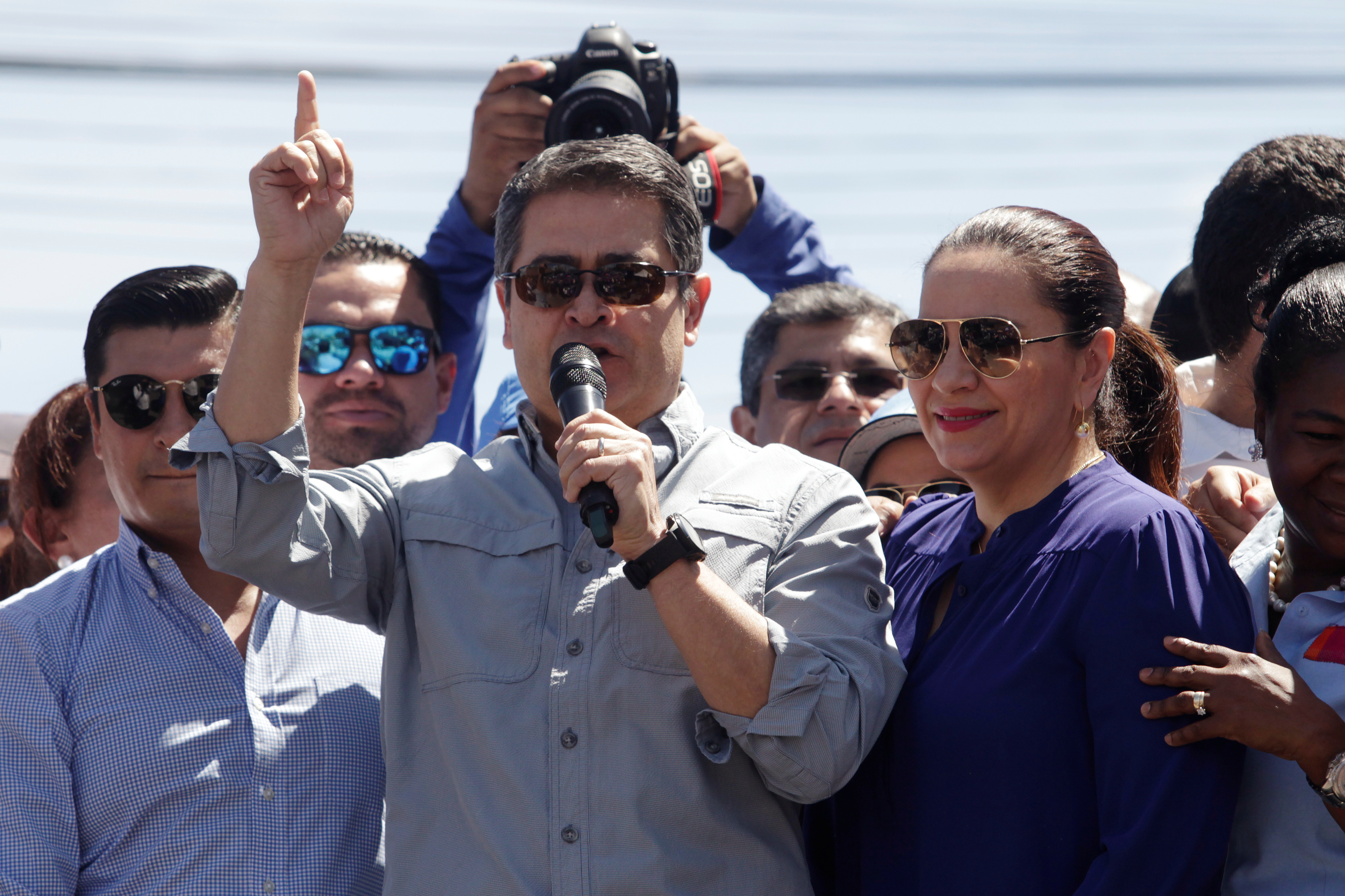 Honduran President Juan Orlando Hernandez speaking during a rally in his support after his brother Juan Antonio ‘Tony’ Hernandez was found guilty of US drug trafficking, outside the Presidential House in Tegucigalpa, Honduras