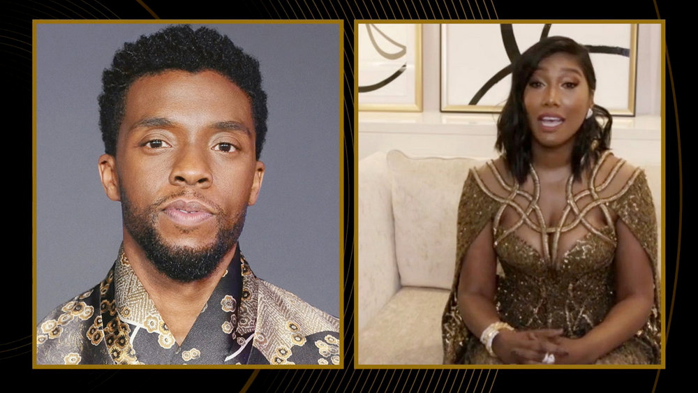 Chadwick Boseman’s widow, Taylor Simone Ledward, accepted Boseman’s award for Best Actor for his role in Ma Rainey’s Black Bottom [NBC Handout via Reuters]