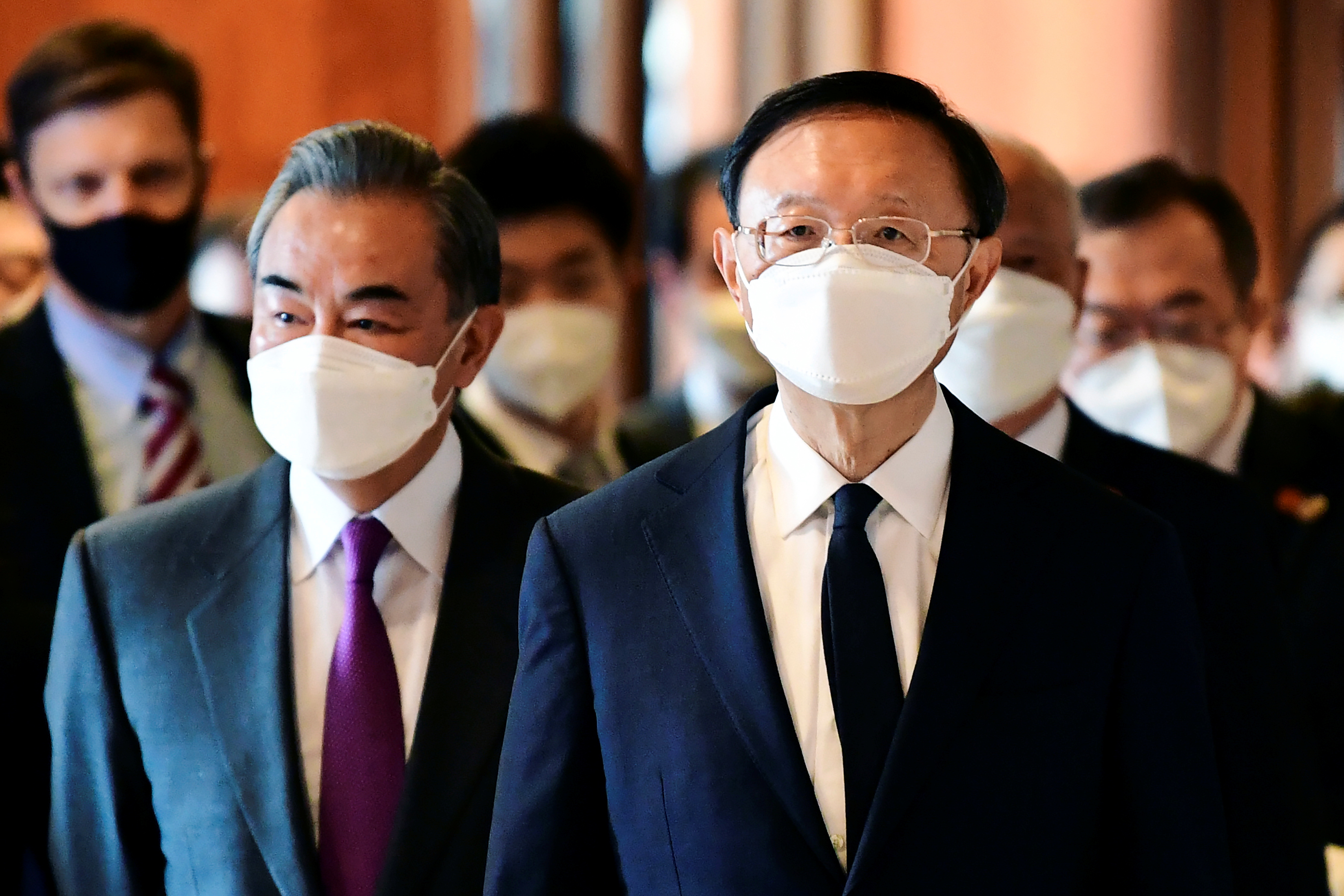 Yang Jiechi, director of the Central Foreign Affairs Commission Office for China, and Wang Yi, China’s state councillor and foreign minister, arrive for a meeting with US counterparts at the opening session of US-China talks at the Captain Cook Hotel in Anchorage, Alaska March 18, 2021