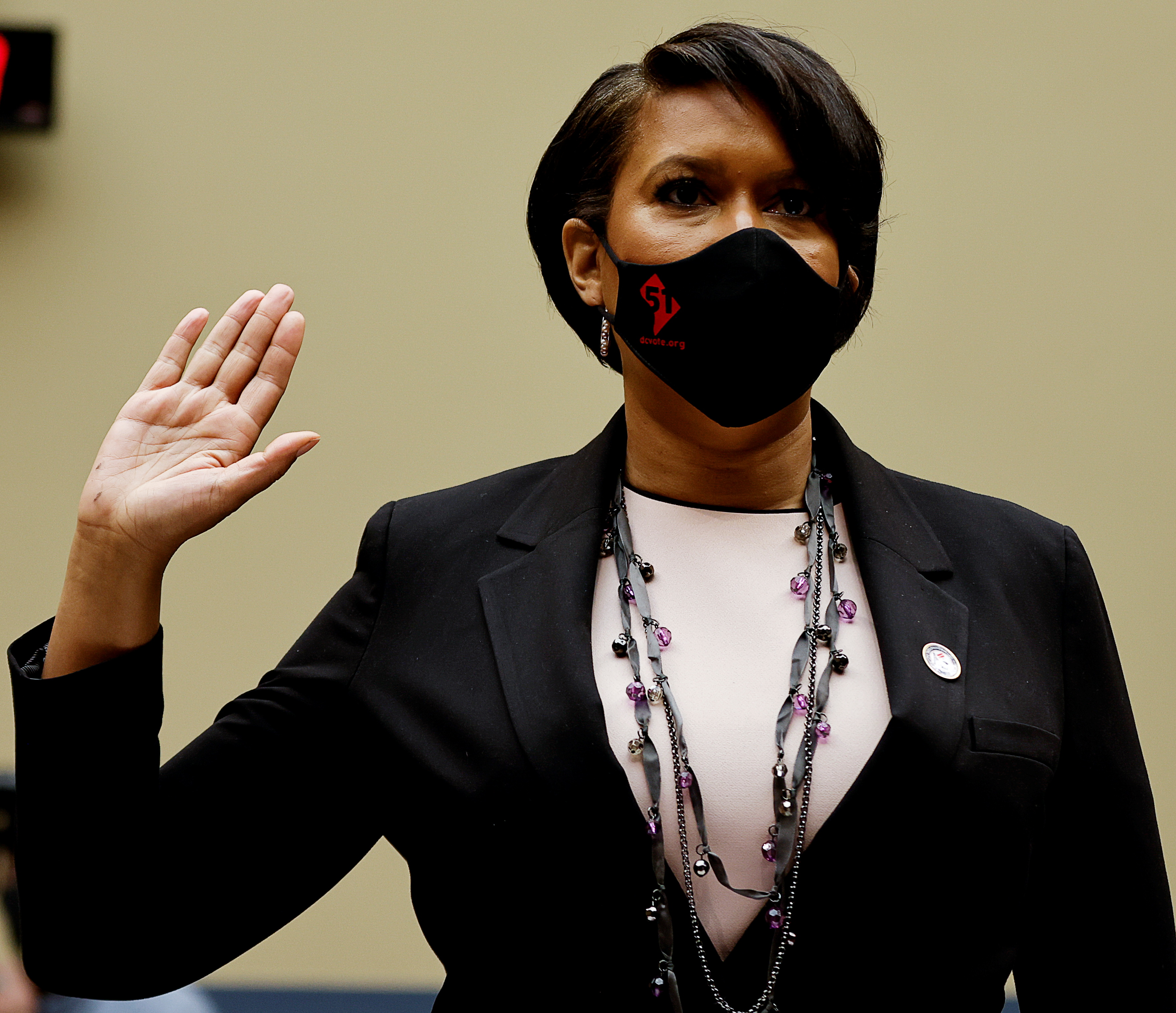 Washington, DC Mayor Muriel Bowser is sworn in to testify at a House Oversight and Reform Committee hearing on the District of Columbia statehood bill on Capitol Hill in Washington, US, March 22, 2021