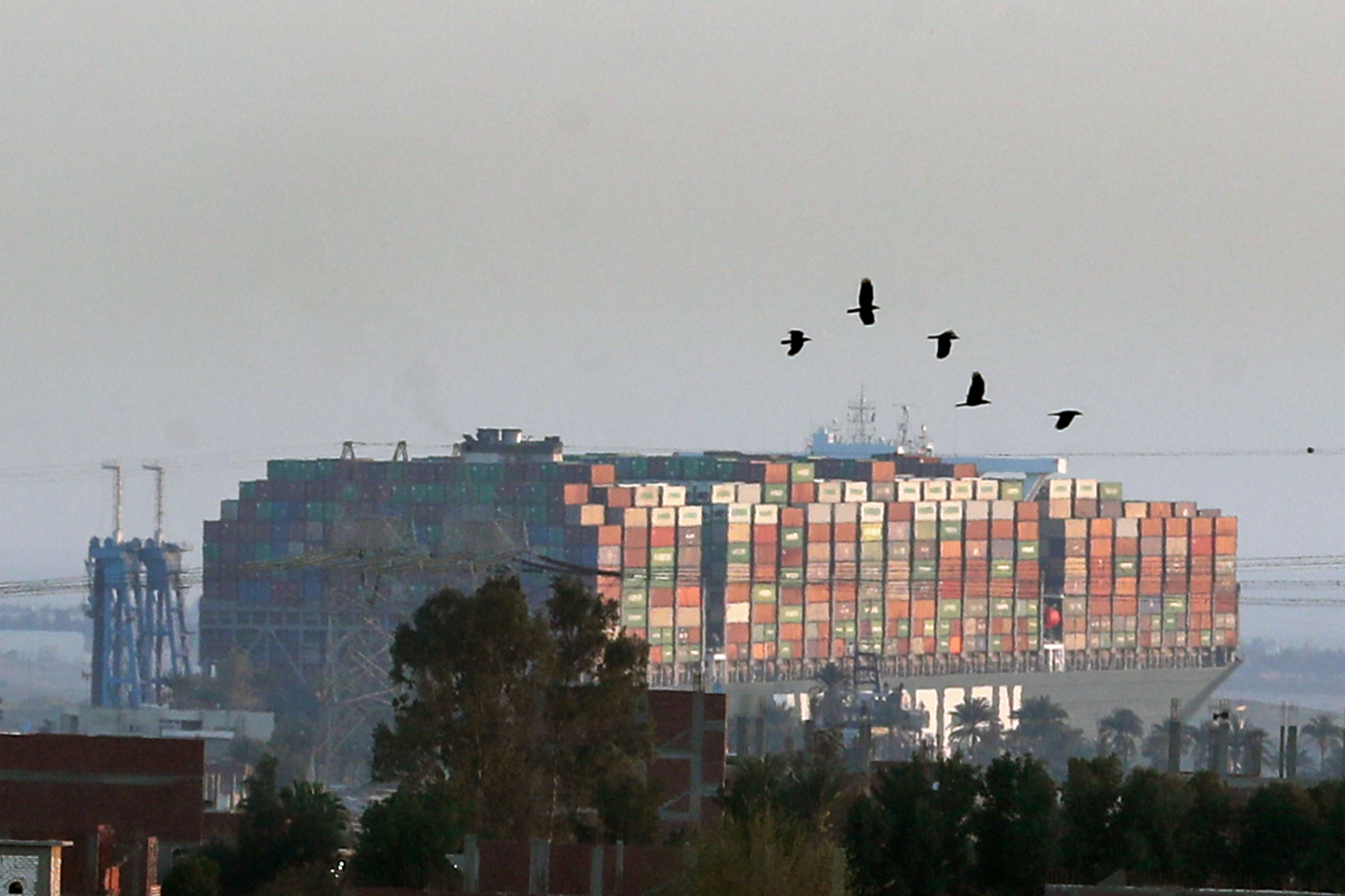 Stranded container ship Ever Given, one of the world’s largest container ships, is seen after it ran aground, in Suez Canal