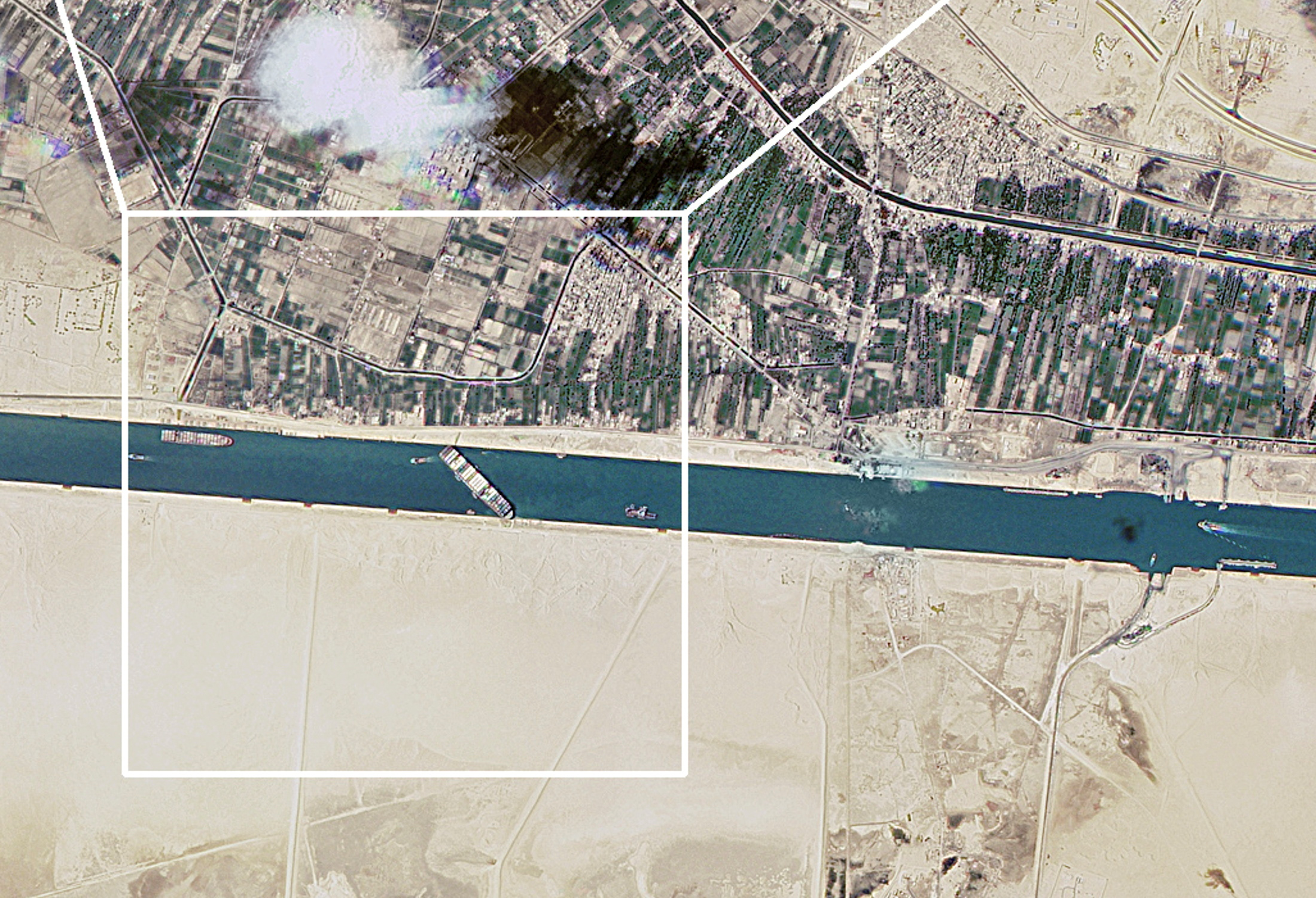 A satellite image shows the Suez Canal blocked by the stranded container ship Ever Given in Egypt [Reuters]