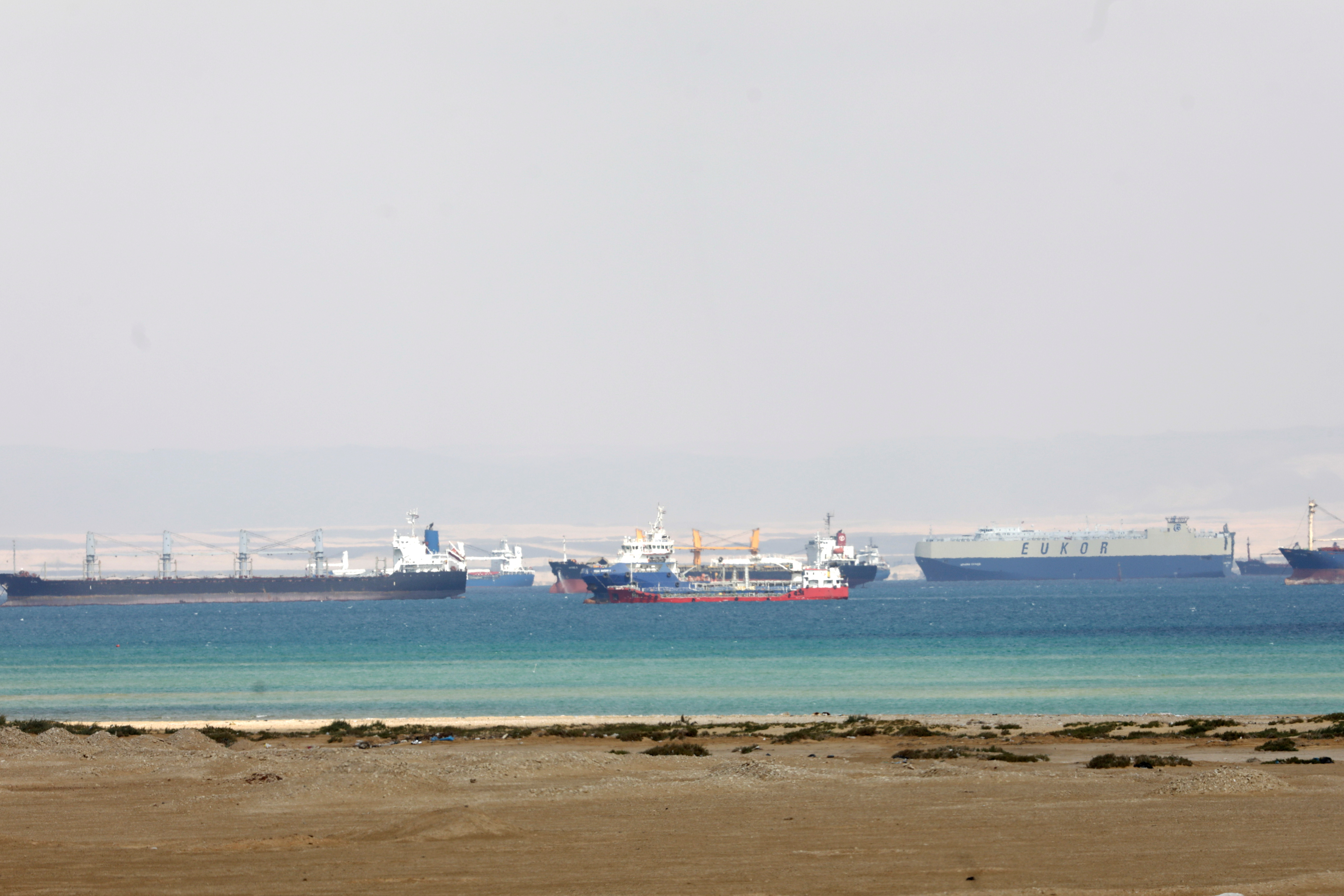 Ships are seen at the entrance of the Suez Canal