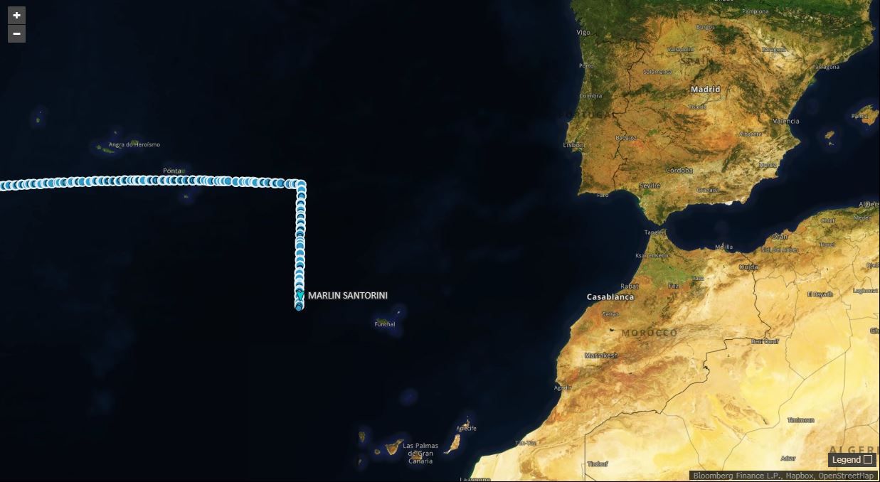 Course of Suezmax tanker Marlin Santorini on March 23-26