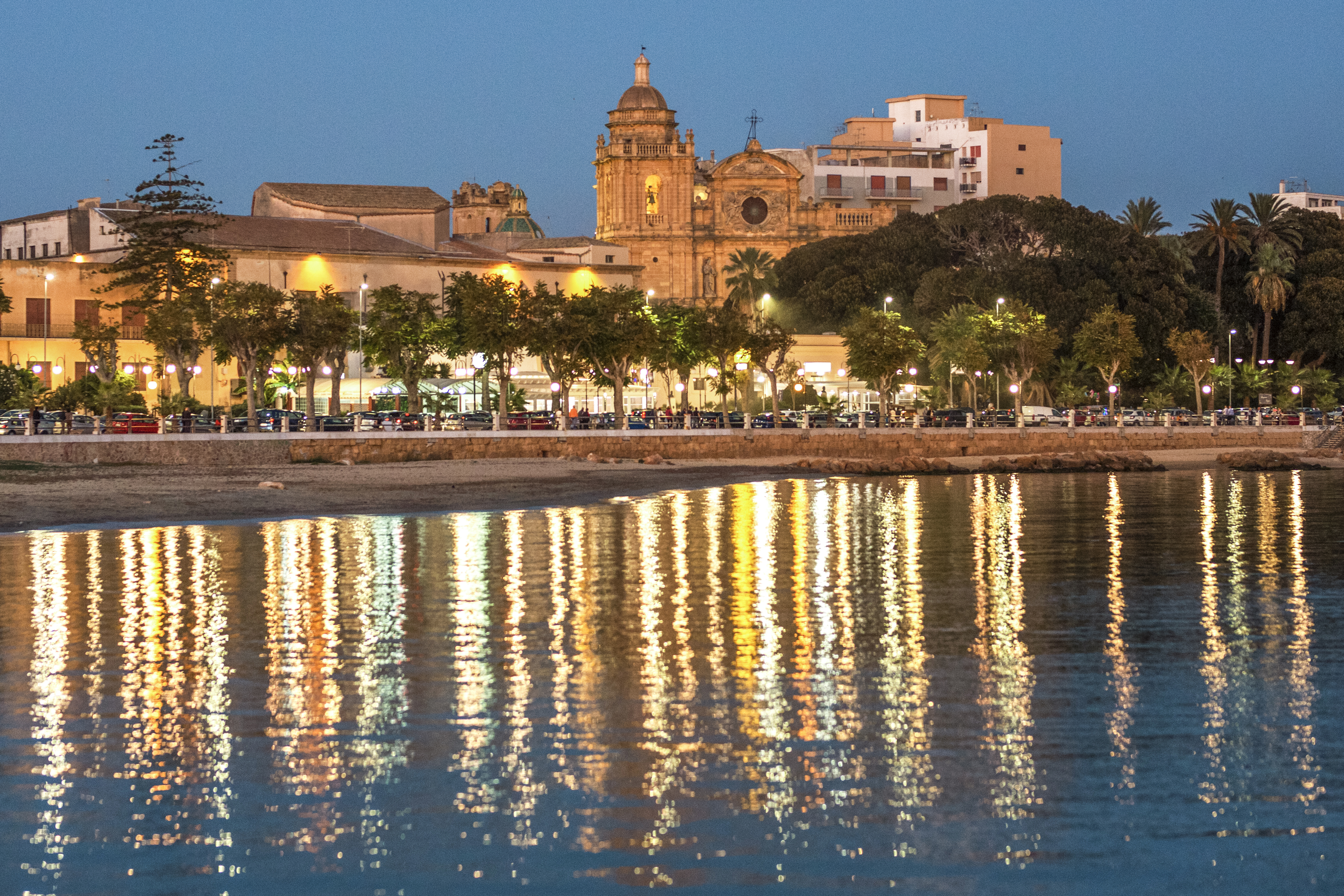 The town of Mazara del Vallo at dusk, as seen from the waterfront