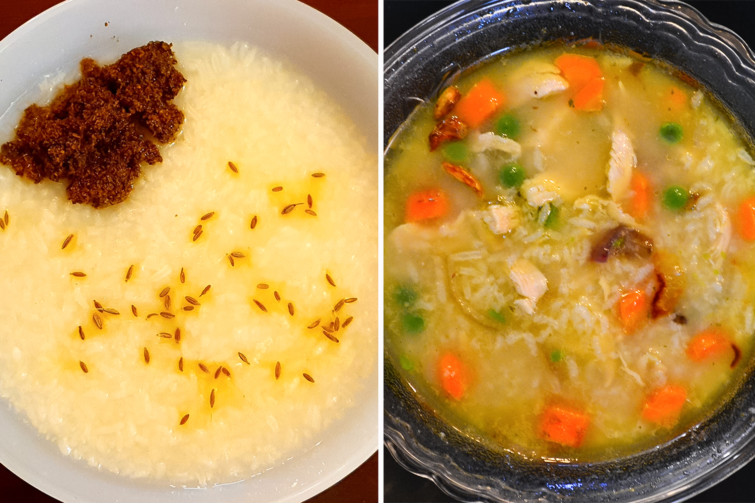 Pez, left, a rice gruel commonly eaten in Goa and many places in India, evolved to become the Portuguese canja de galinha, right