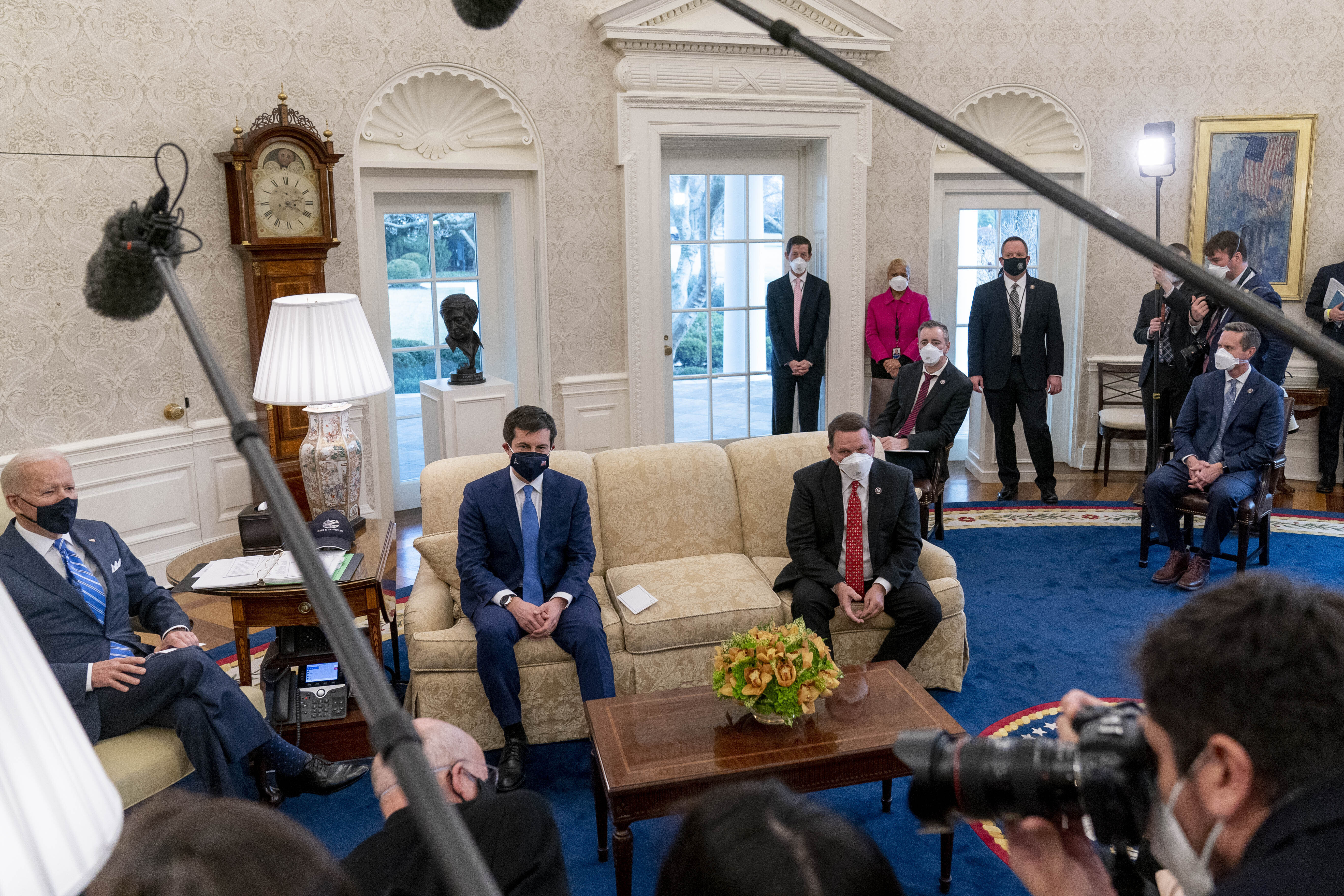 US President Joe Biden and Transportation Secretary Pete Buttigieg met with Congressional transportation and infrastructure leaders in the Oval Office of the White House to discuss infrastructure projects on March 4