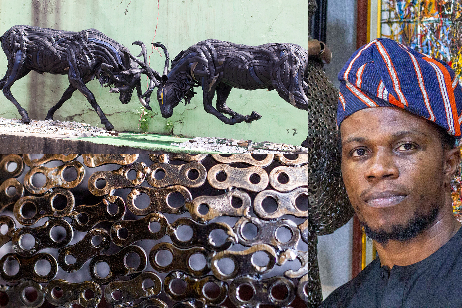 Ade Dagunduro, 34, uses waste materials such as car tyres, scrap metal, rope and plastic, to form works of art at his studio in Dugbe, Idaban