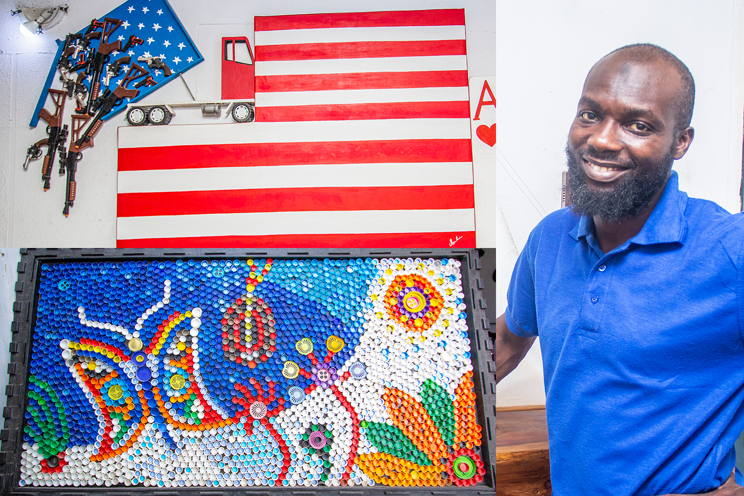 Ibrahim Gbadamosi, 41, uses waste to make items of furniture and artworks, such as ‘About Time’, a piece made from discarded wood, metal and plastic which depicts a truck on the US flag, dumping weapons