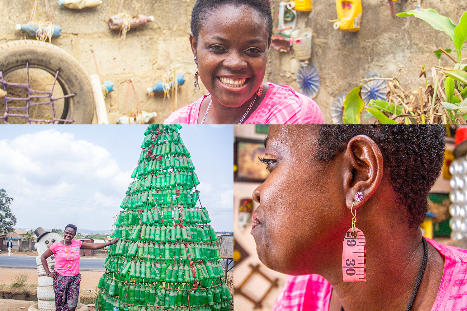 Jumoke Olowokere, 41, uses discarded tyres and bottles to create outdoor play equipment for children, items such as ottoman chairs, handwashing sinks and garden ornaments to sell at her shop in Ibadan, Nigeria, and even a giant Christmas tree