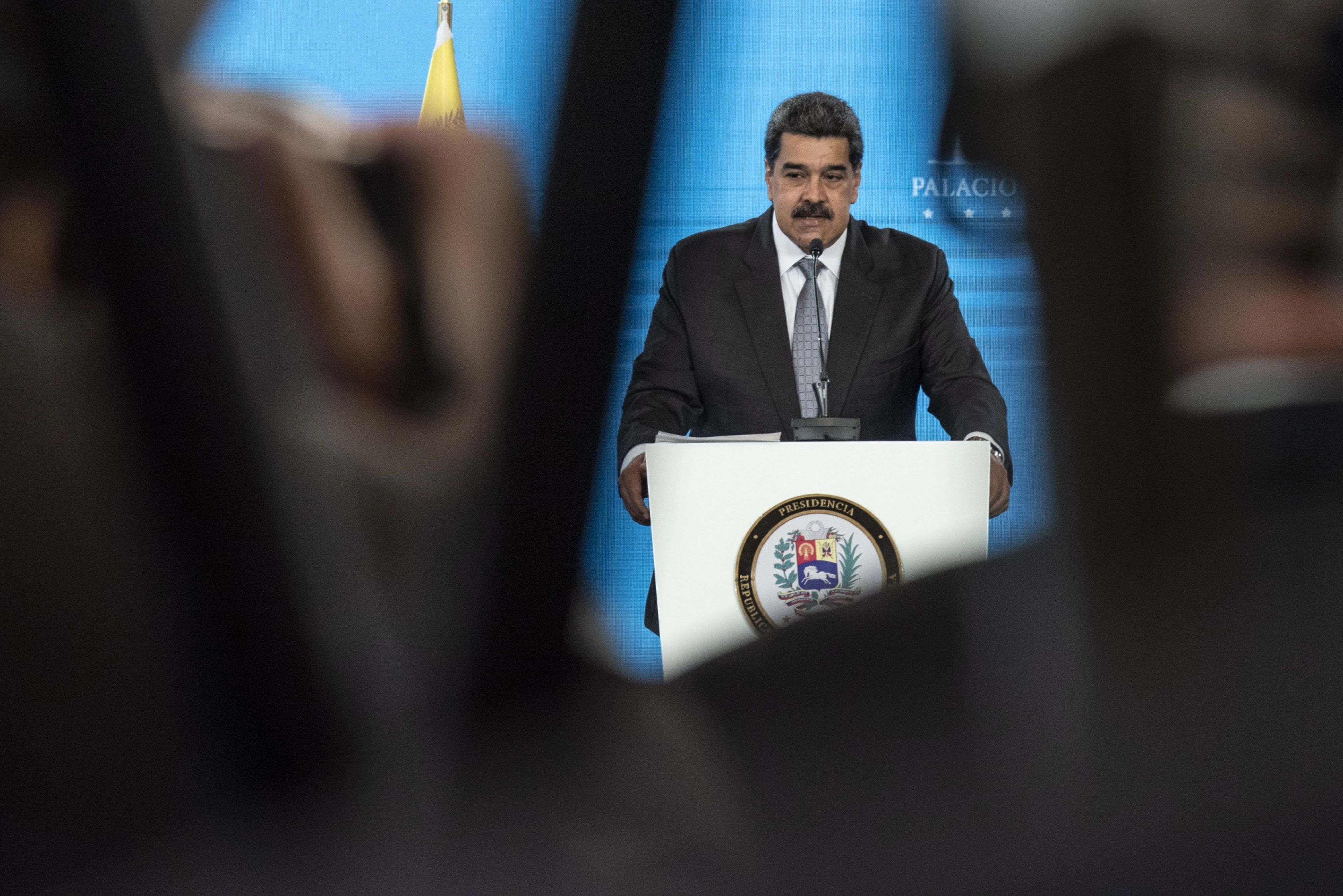 Nicolas Maduro speaks during a press conference at Miraflores Palace in Caracas, Venezuela