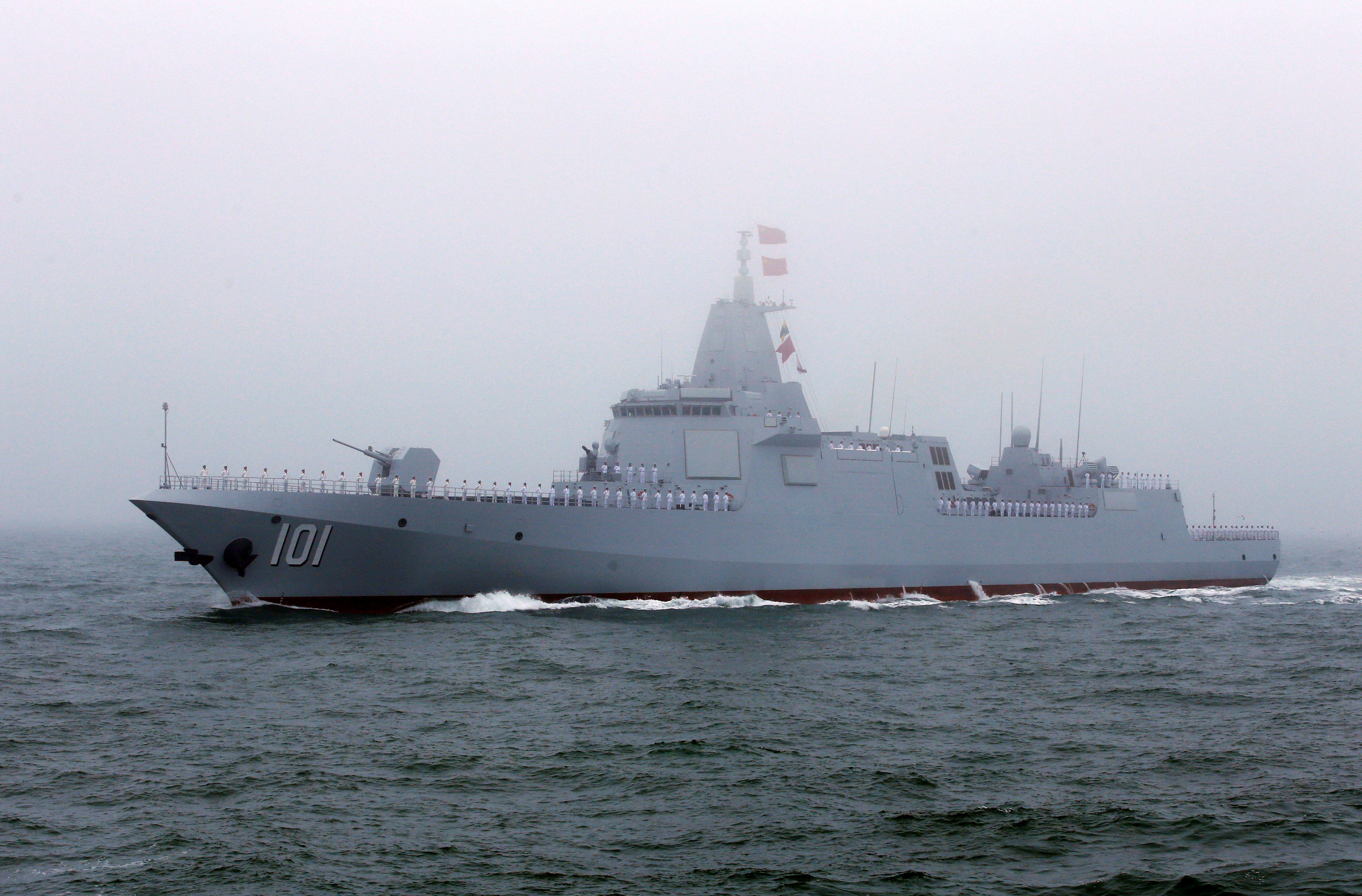 The first of a powerful new fleet of Type 055 guided missile destroyers that entered service last year, was also part of the carrier group