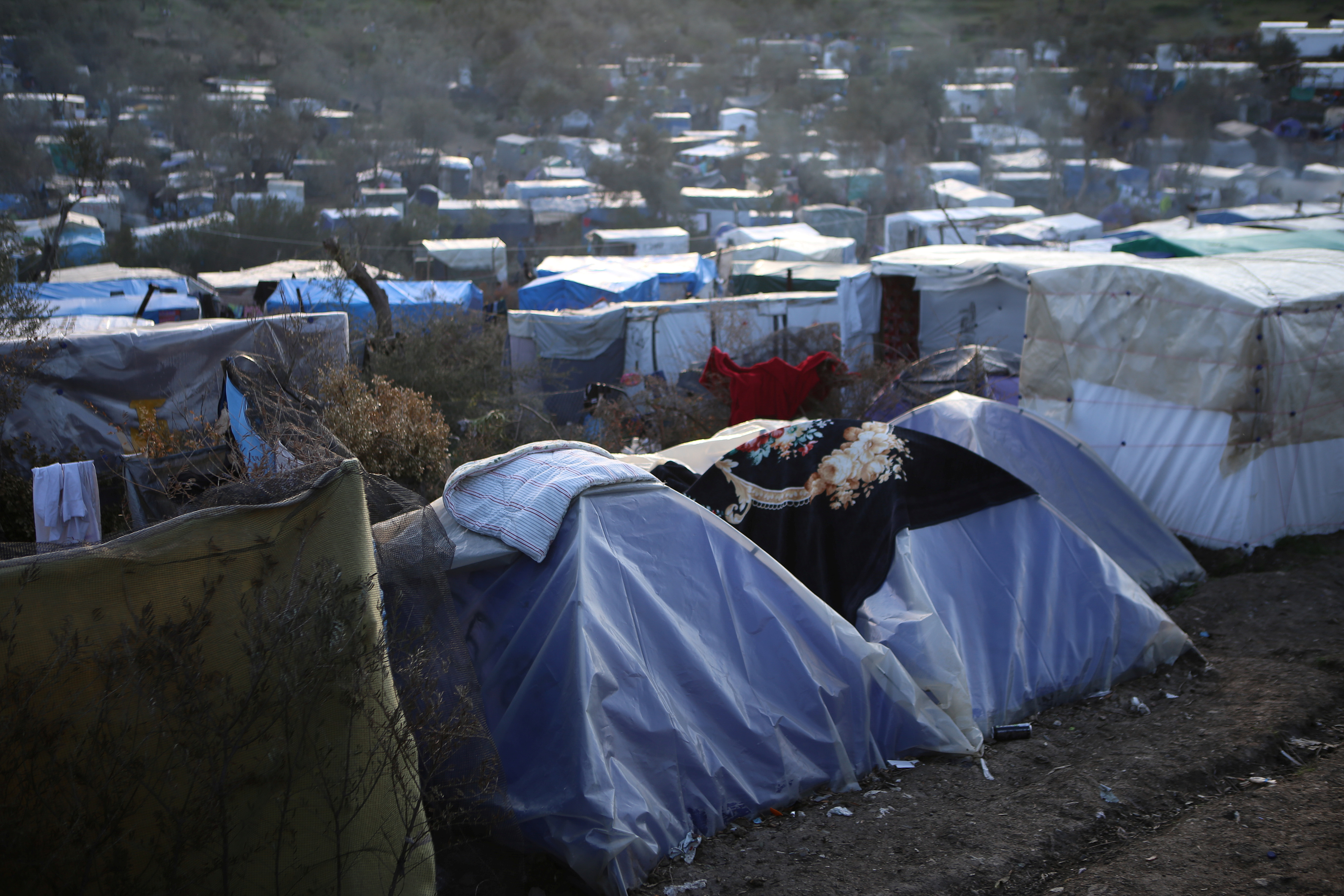 A view of a makeshift camp for refugees and migrants next to the Moria camp, on the island of Lesbos, Greece, in March 2020