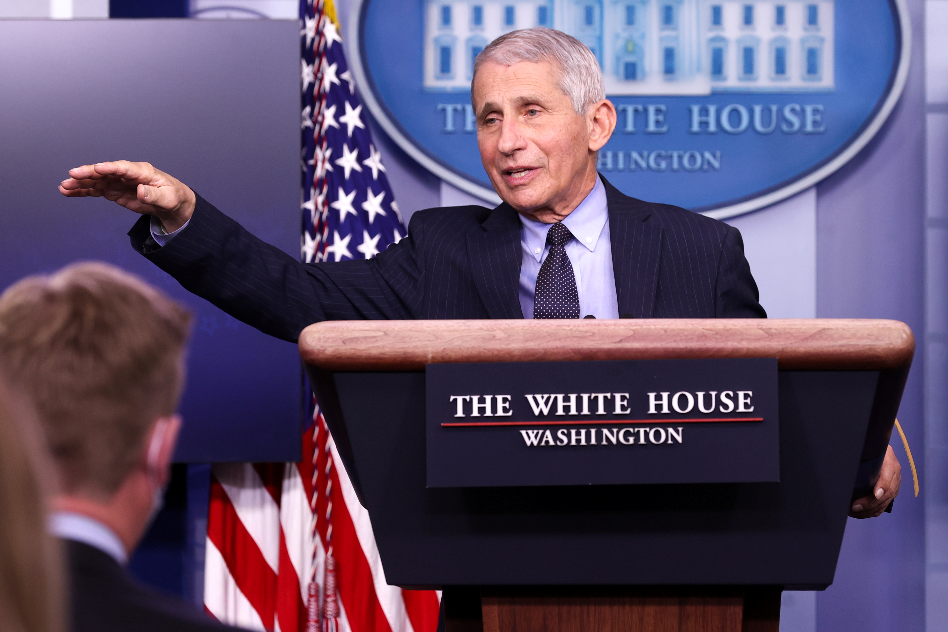 National Institute of Allergy and Infectious Diseases Director Anthony Fauci addresses the daily press briefing at the White House in Washington on January 21, Biden’s second day in office