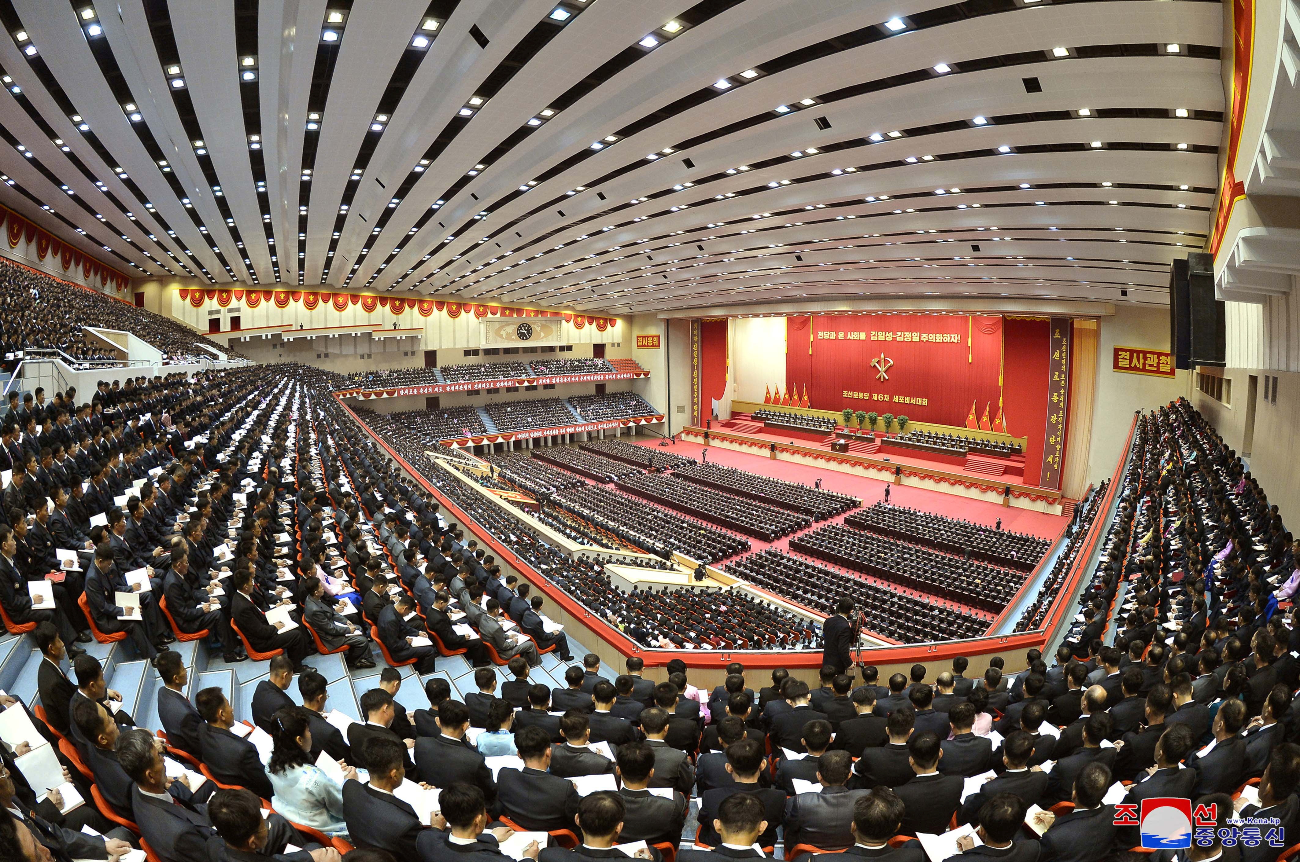 Kim Jong Un addresses a conference of cell secretaries of the ruling Workers’ Party in Pyongyang, in this undated photo released on April 7, 2021, by KCNA
