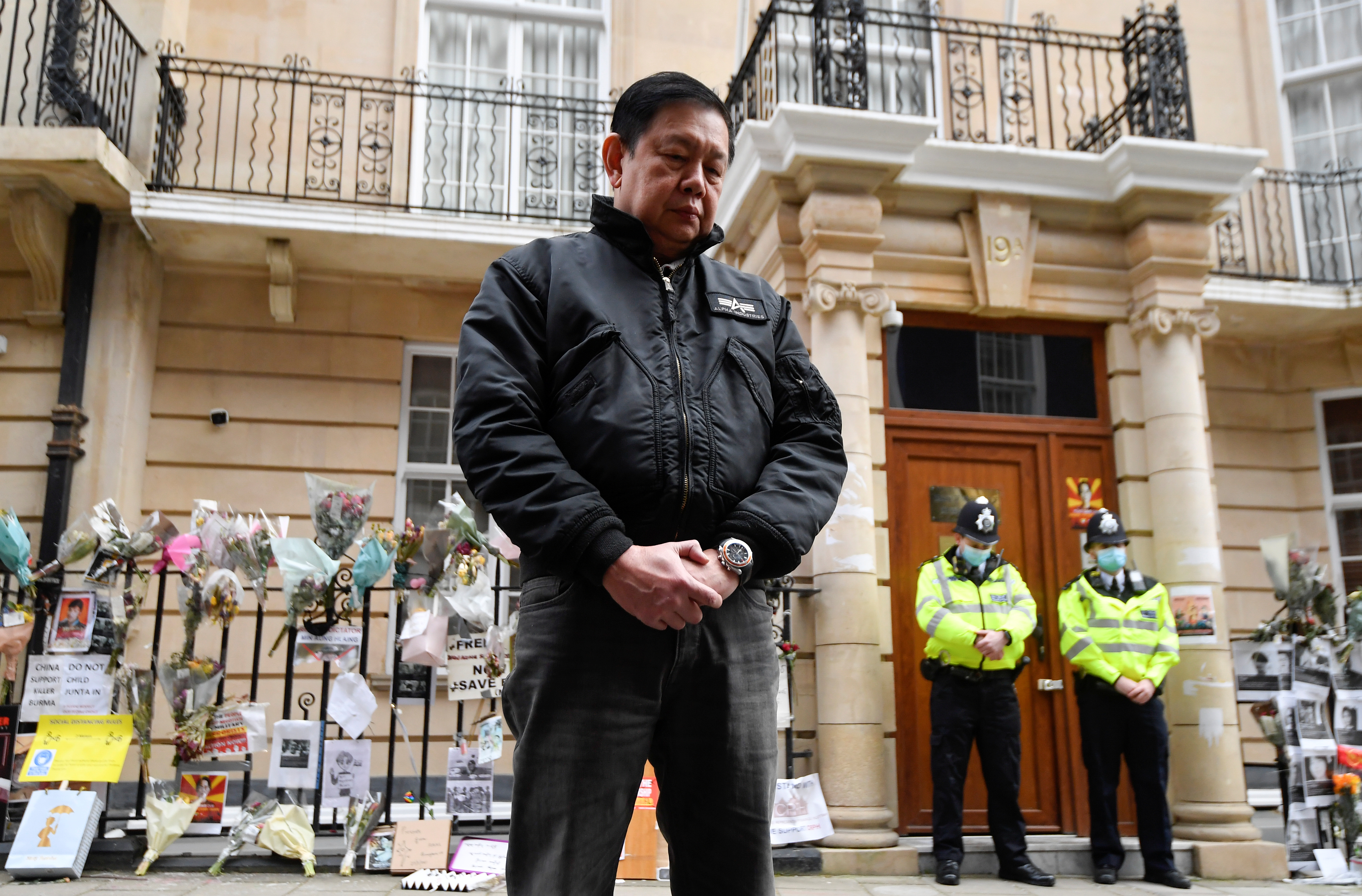 Myanmar’s Ambassador Kyaw Zwar Minn stands outside the Myanmar Embassy in London, April 8, 2021