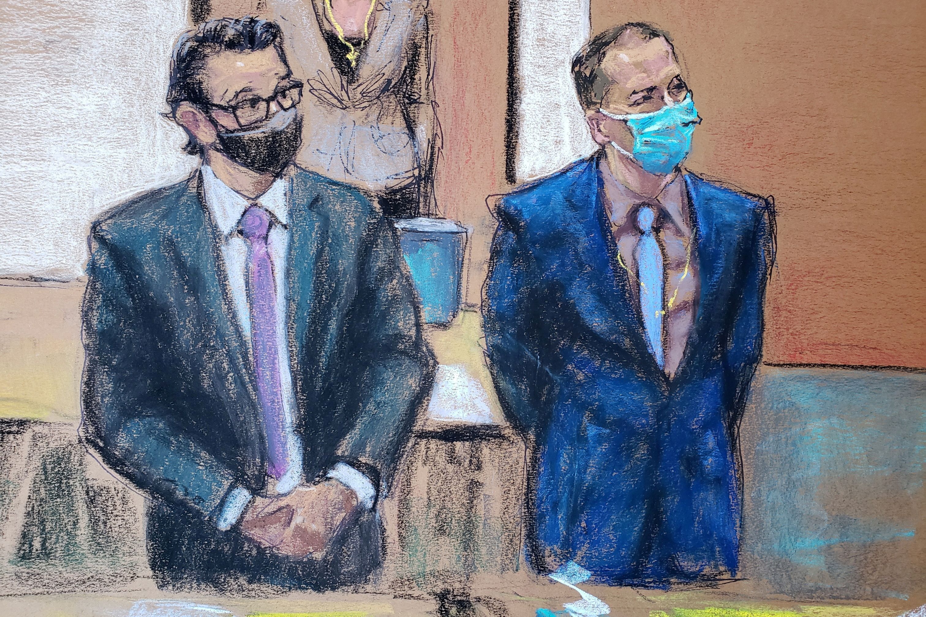 A courtroom sketch of former Minneapolis police officer Derek Chauvin, right, and his defence lawyer Eric Nelson, left, April 13, 2021