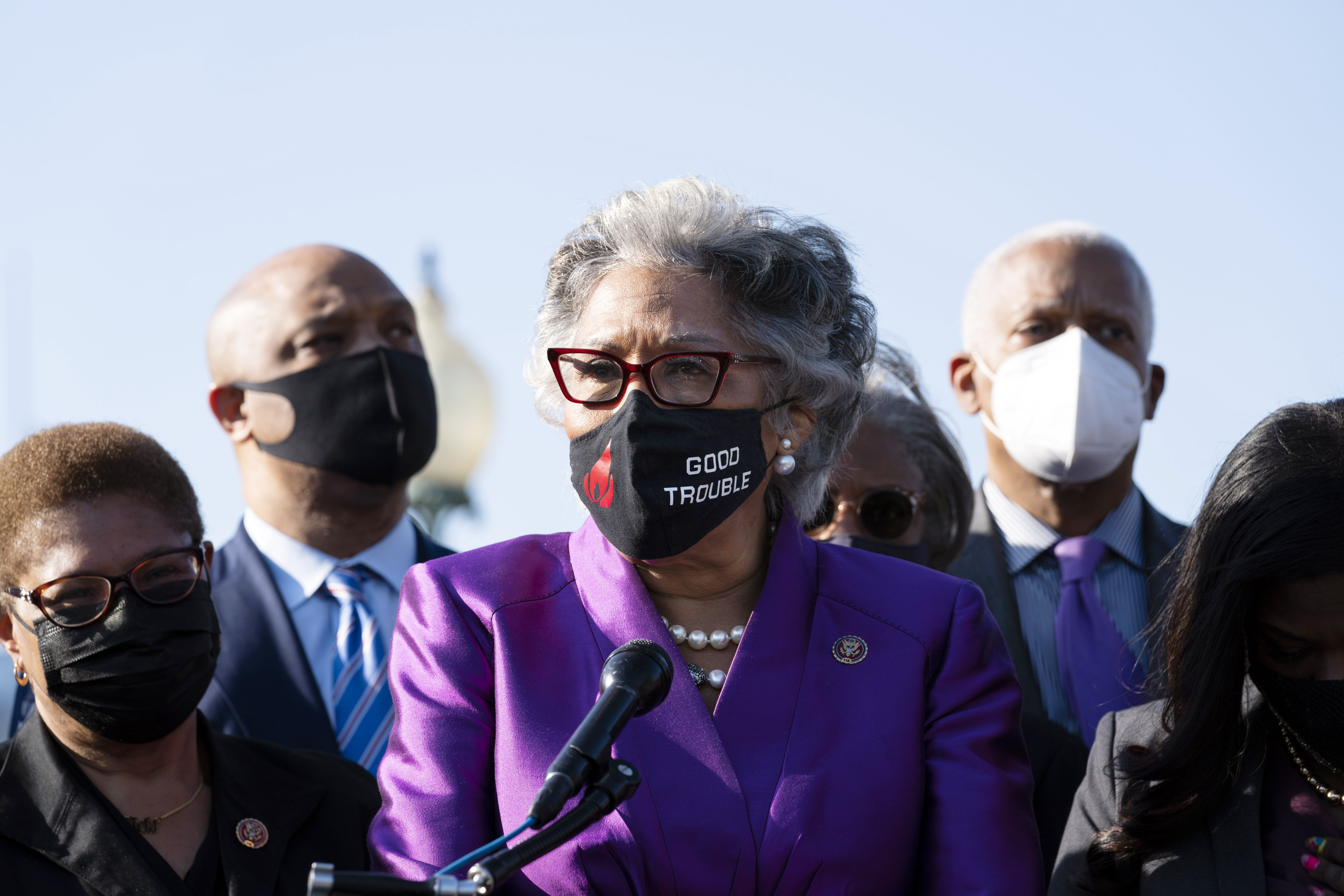 Representative Joyce Beatty, chairwoman of the Congressional Black Caucus, accompanied by members of the Congressional Black Caucus, speaking on Capitol Hill in Washington