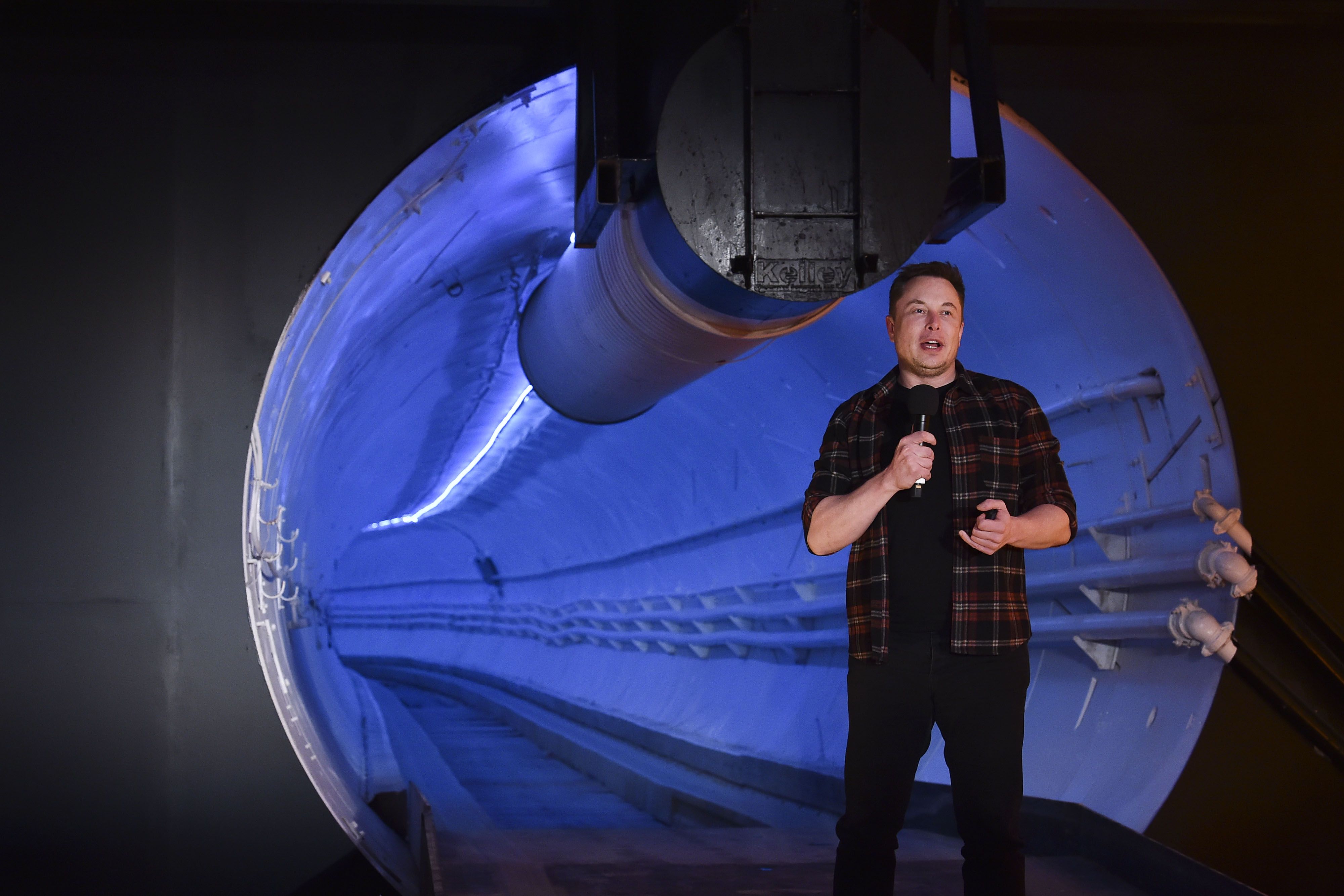 Elon Musk during an unveiling event for Boring Co. Hawthorne test tunnel in Hawthorne, California