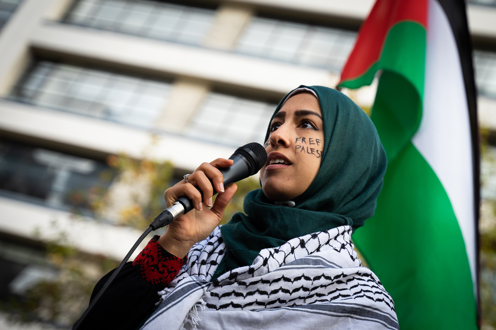 Aseel Tayah sang songs during a rally in solidarity with the Palestinian people
