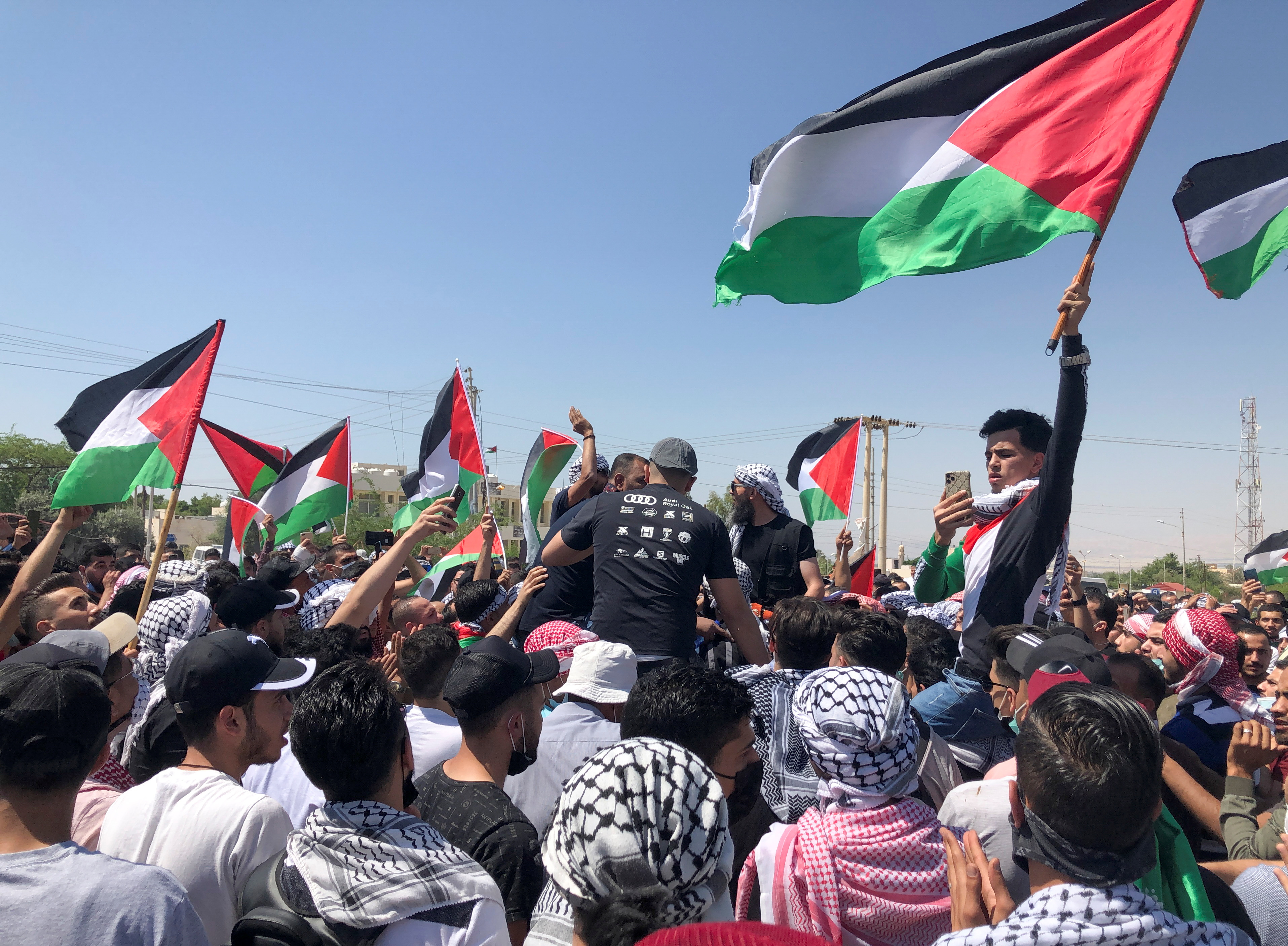 Demonstrators hold Palestinian flags during a protest to express solidarity with the Palestinian people, in Karameh, Jordan Valley