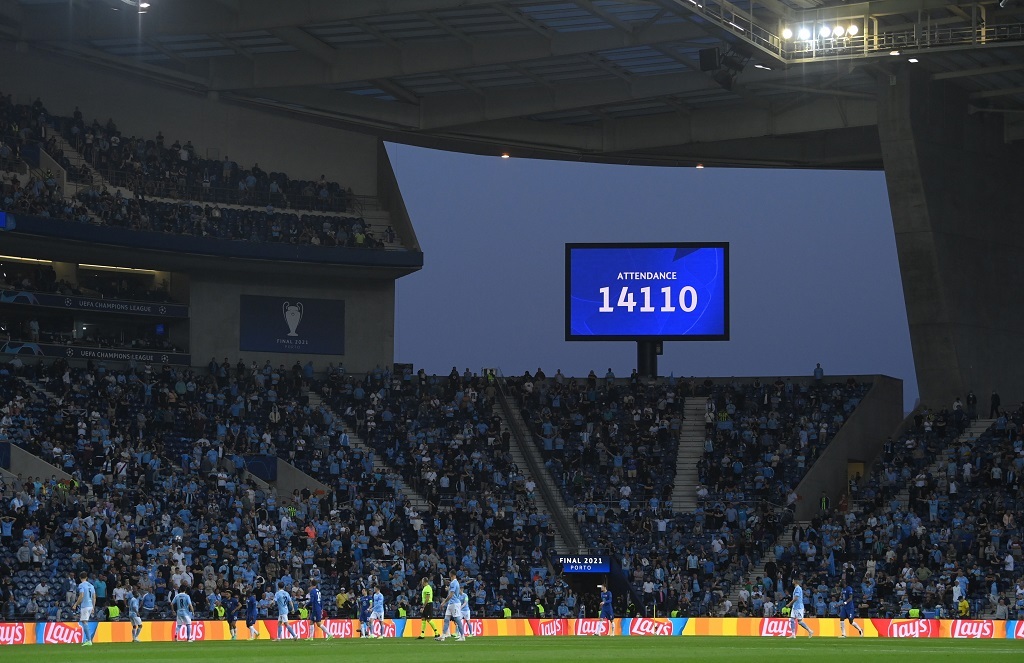 General view of the big screen displaying the match attendance