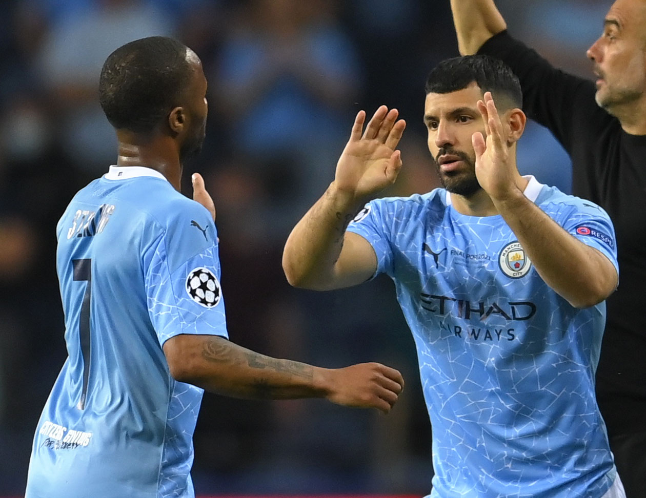 Sergio Aguero comes on as a substitute to replace Raheem Sterling